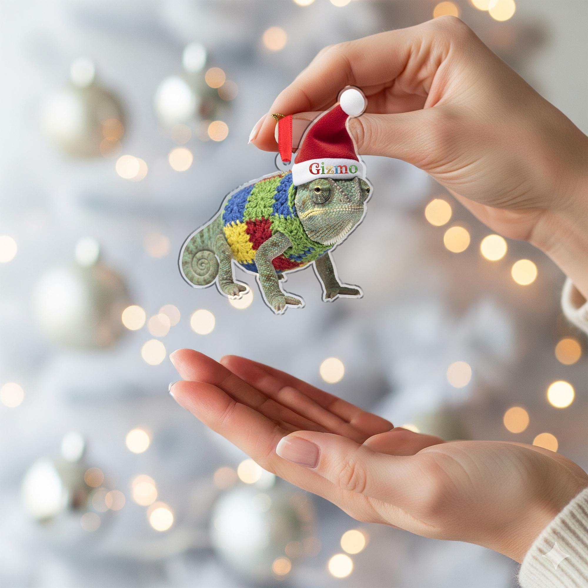 Personalized Ornament – Custom Chameleon Design with Santa Hat and Sweater