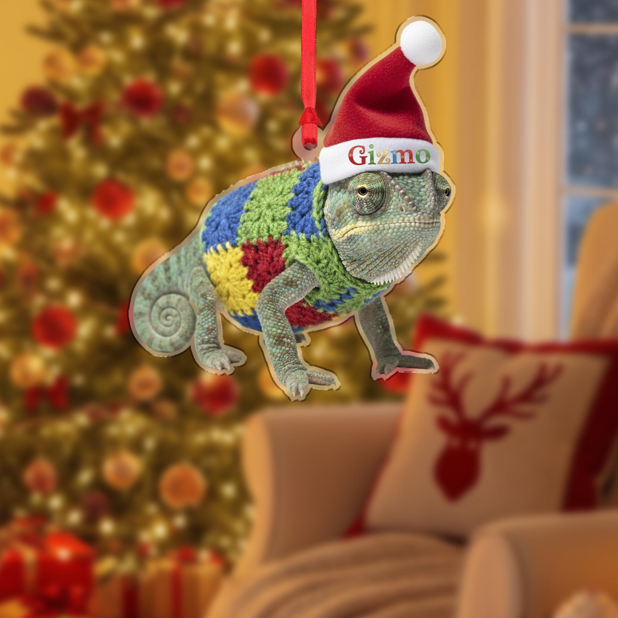 Personalized Ornament – Custom Chameleon Design with Santa Hat and Sweater