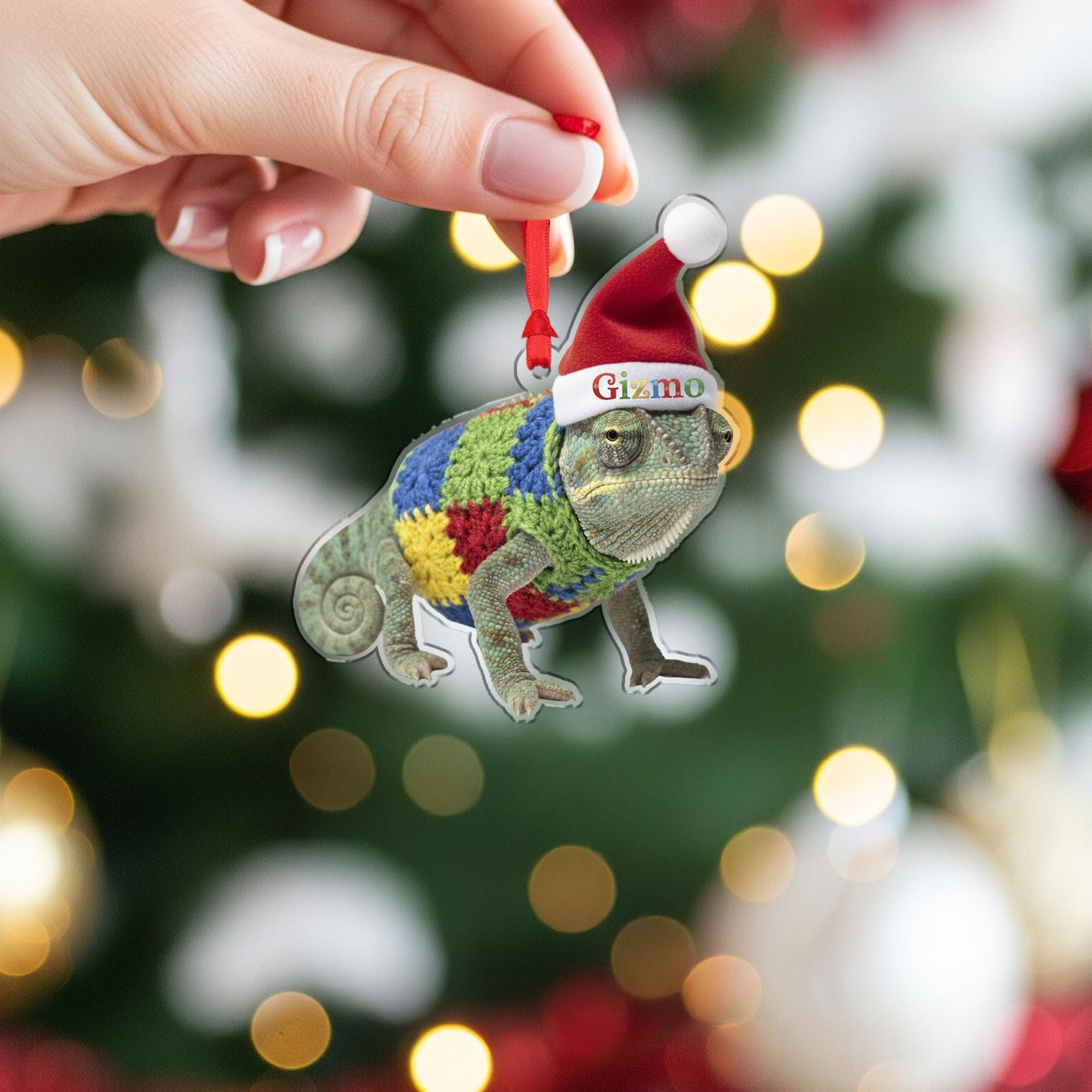 Personalized Ornament – Custom Chameleon Design with Santa Hat and Sweater