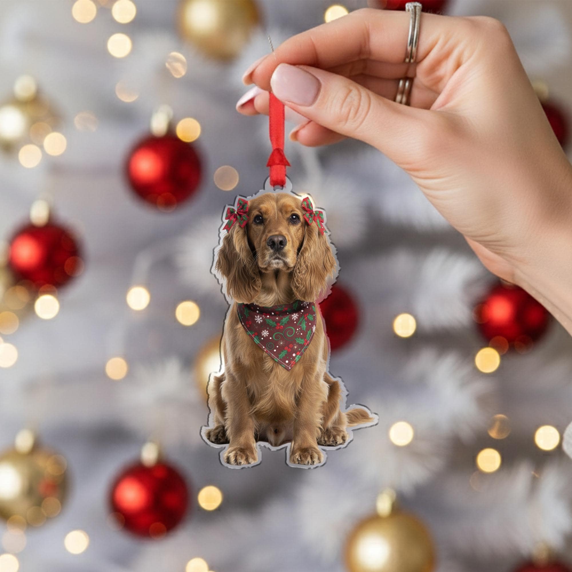 Personalized Ornament – Custom Dog Design with Holiday Bandana and Bows