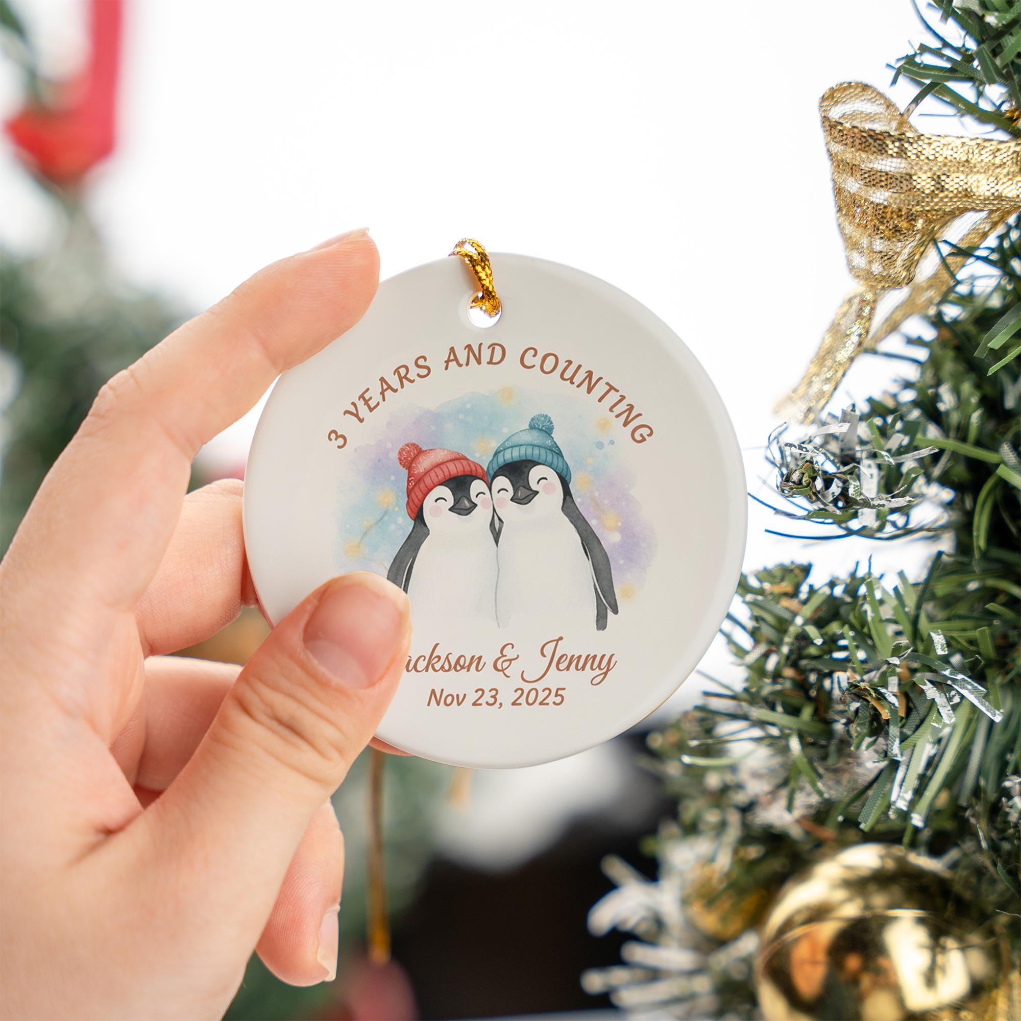 Ceramic Ornament – Personalized Penguin Couple Design with Names and Date