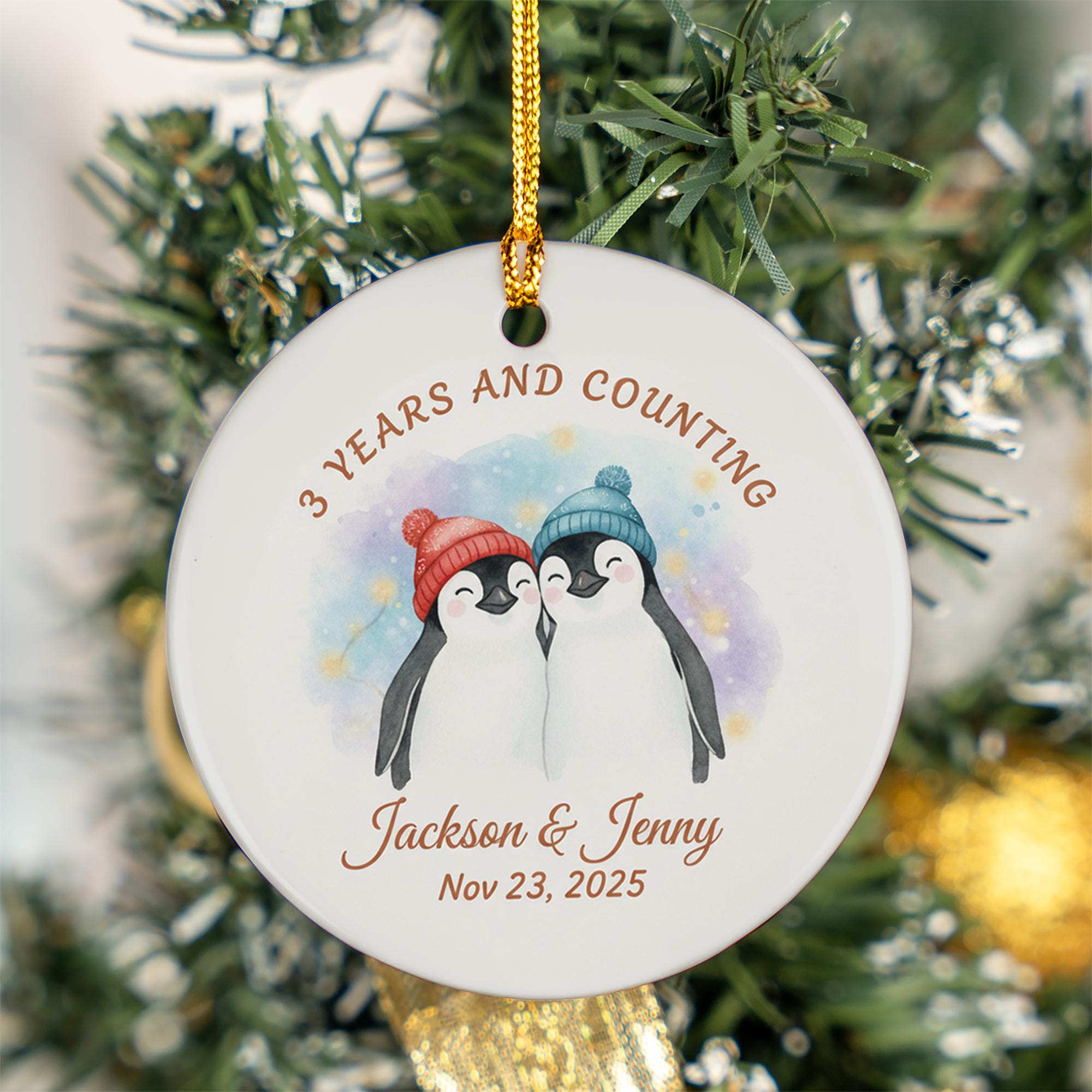 Ceramic Ornament – Personalized Penguin Couple Design with Names and Date