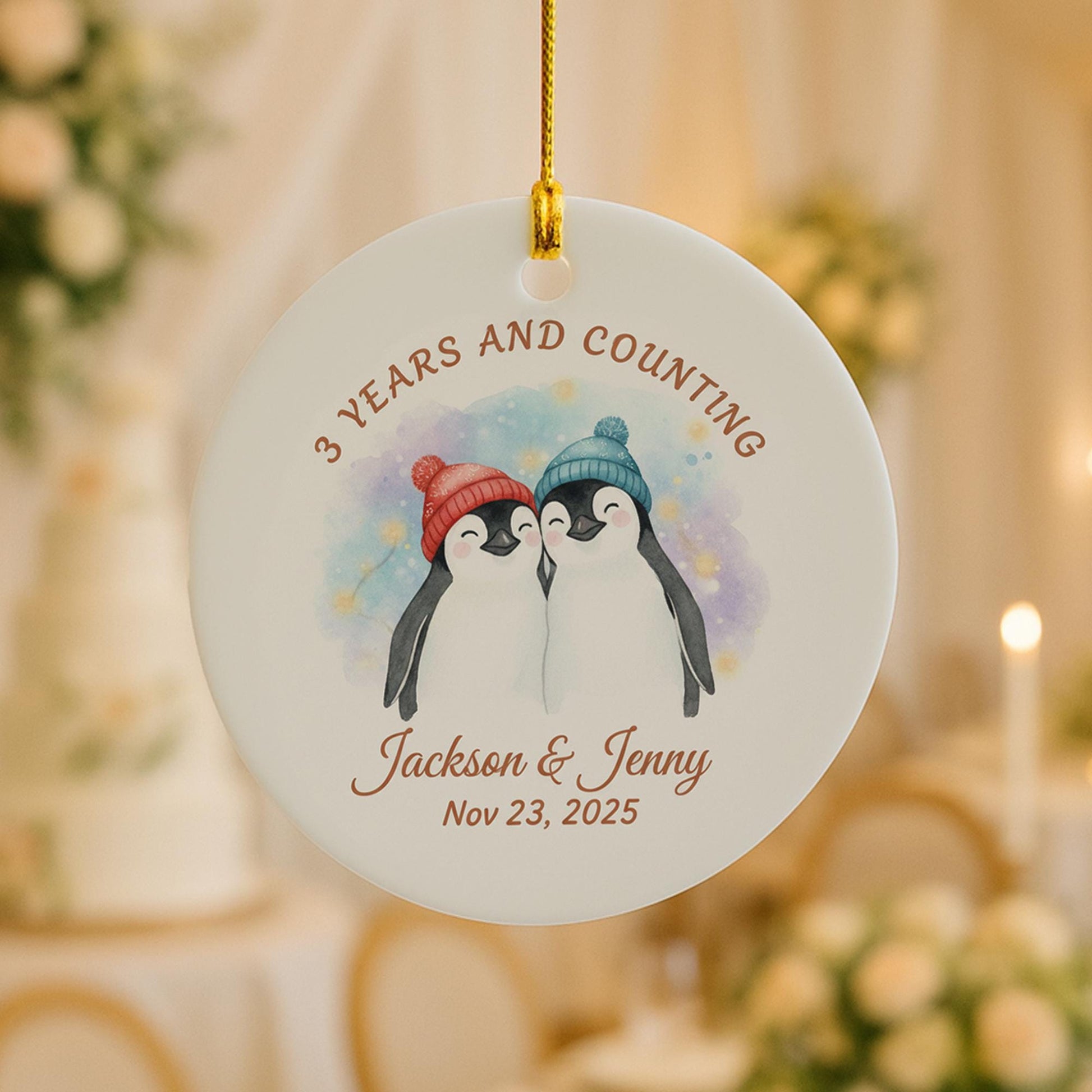 Ceramic Ornament – Personalized Penguin Couple Design with Names and Date