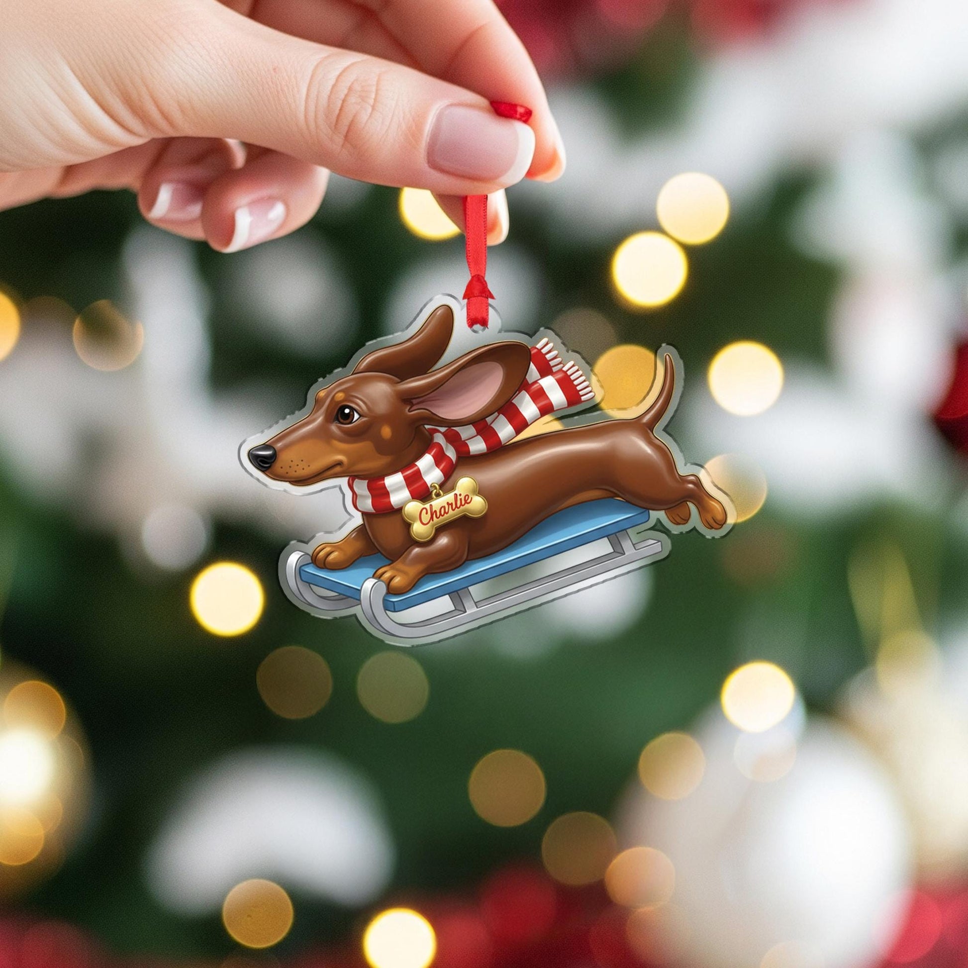 Personalized Dog Ornament Dachshund on Sled Acrylic Christmas Decoration