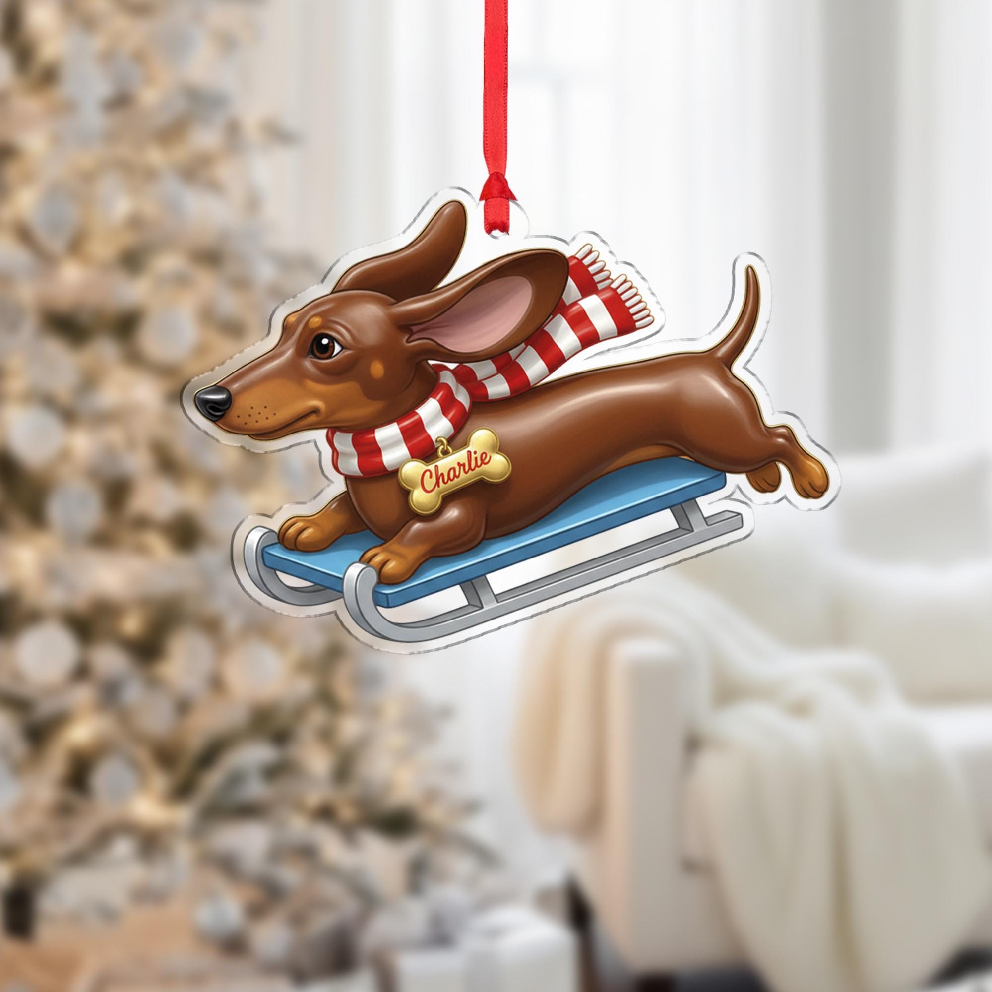 Personalized Dog Ornament Dachshund on Sled Acrylic Christmas Decoration