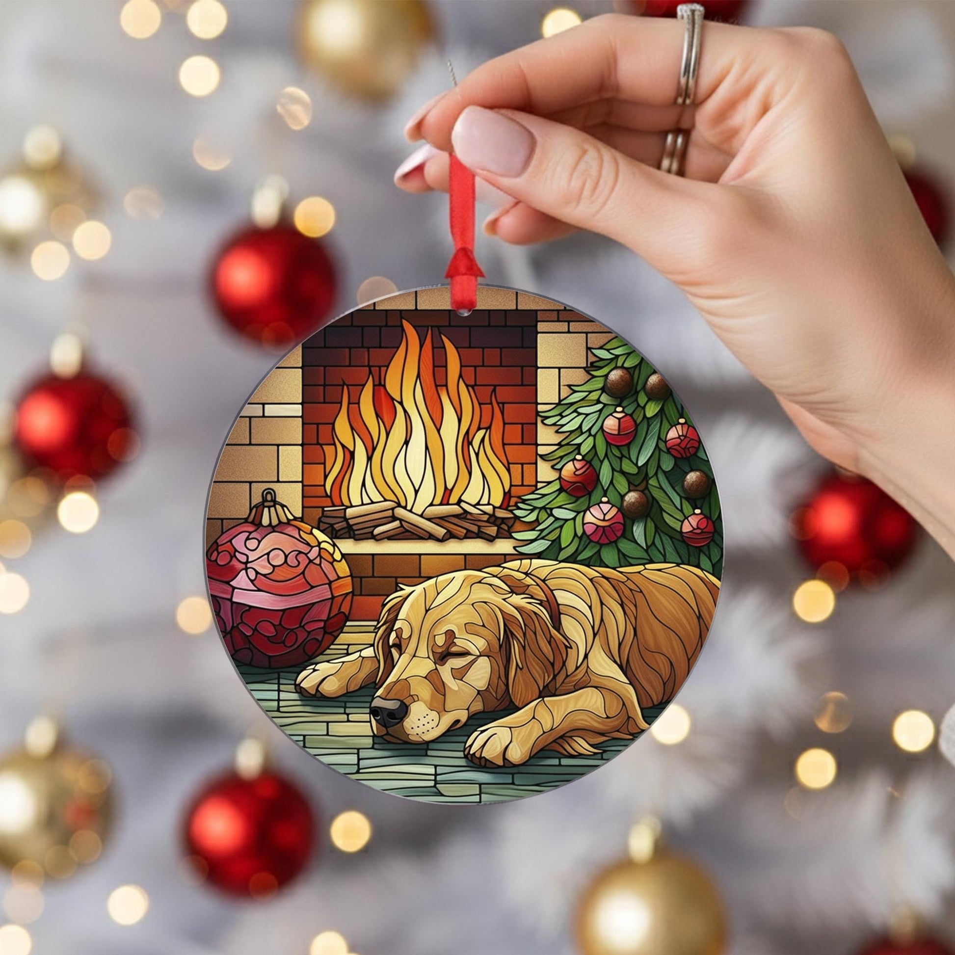 Golden Retriever Christmas Ornament, Dog by Fireplace Holiday Decor, Pet Ornament, Cozy Tree Decoration