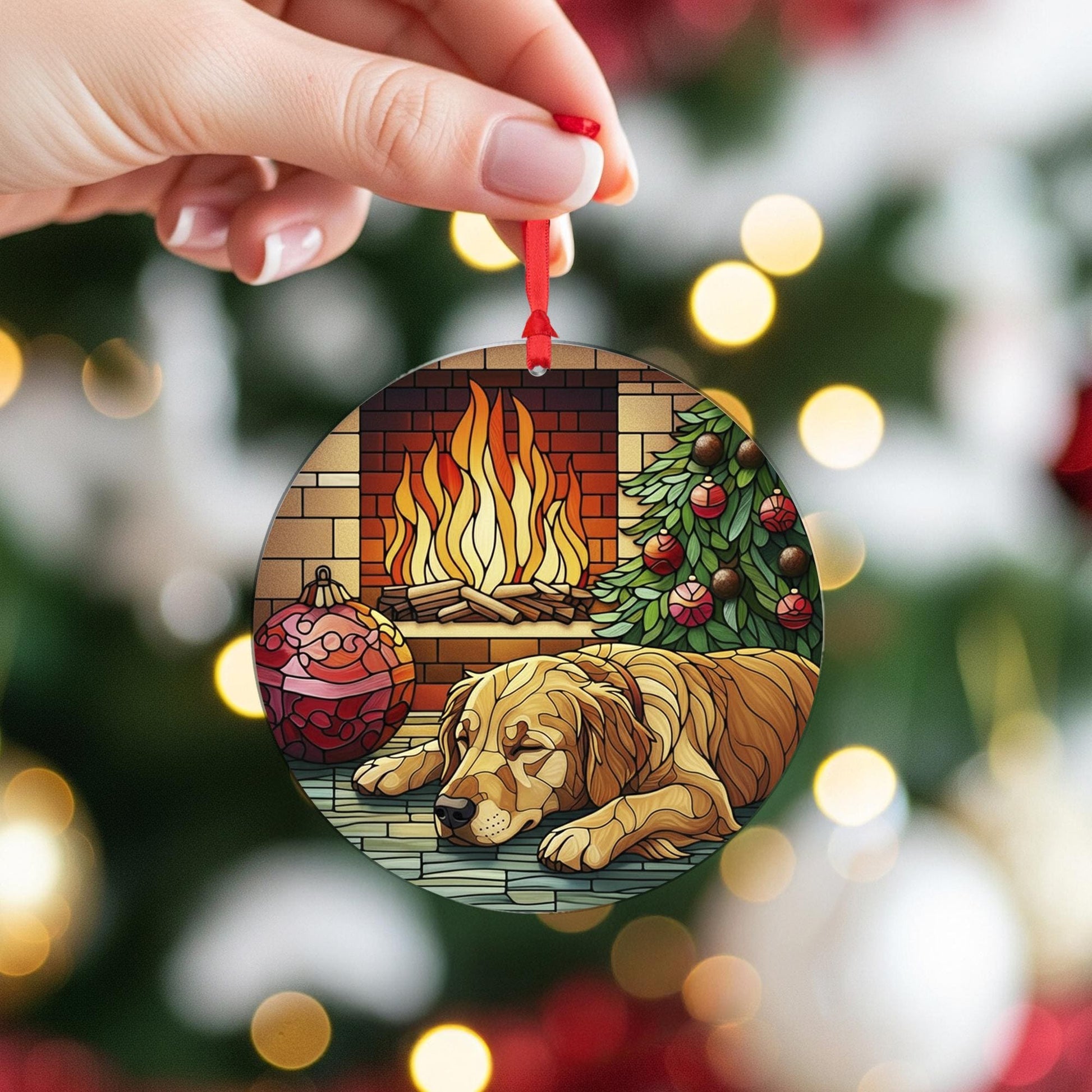 Golden Retriever Christmas Ornament, Dog by Fireplace Holiday Decor, Pet Ornament, Cozy Tree Decoration