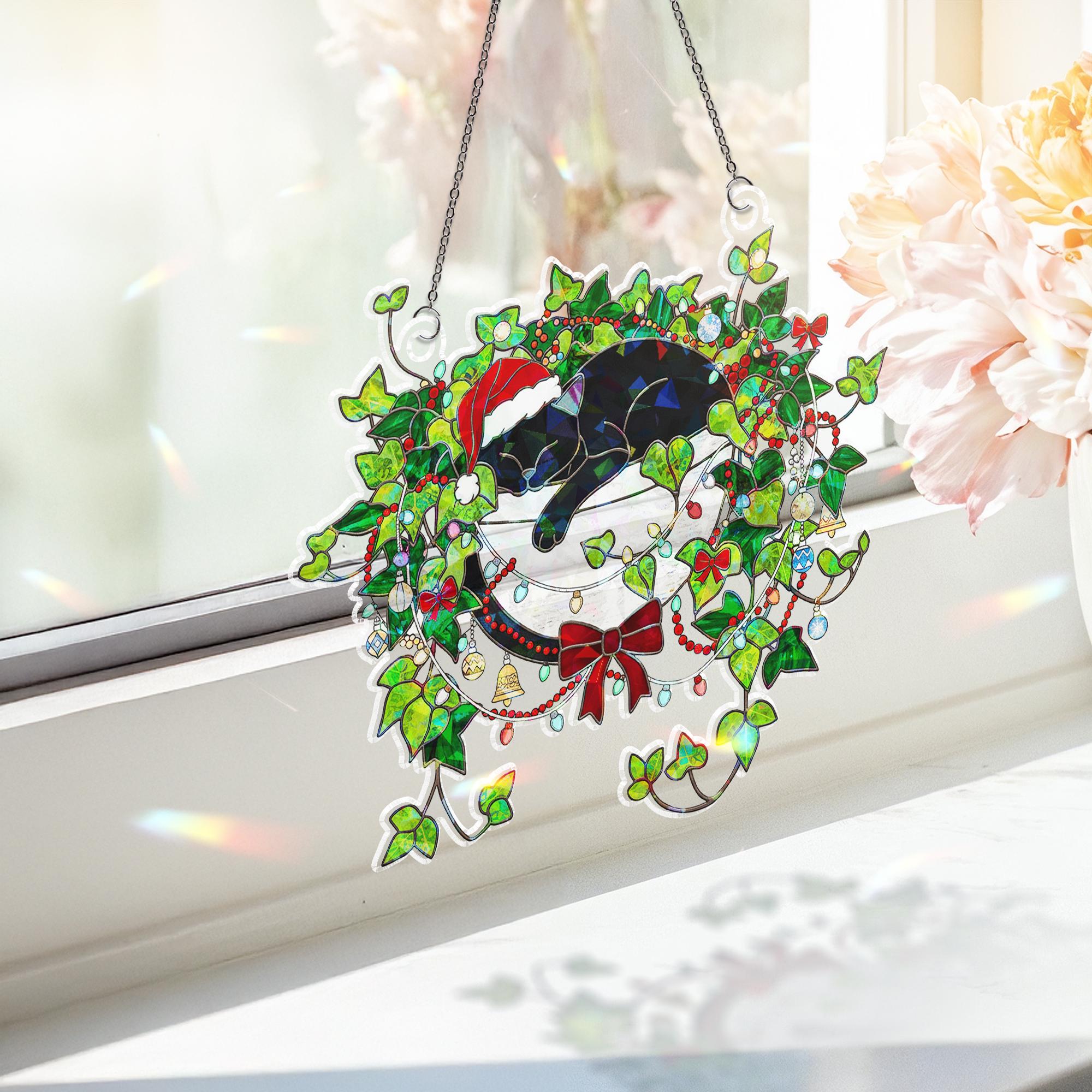 Holographic Black Cat Christmas Window Hanging – Holiday Suncatcher Decor