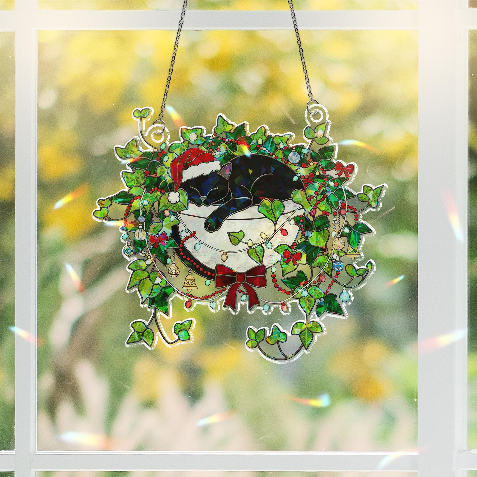 Holographic Black Cat Christmas Window Hanging – Holiday Suncatcher Decor