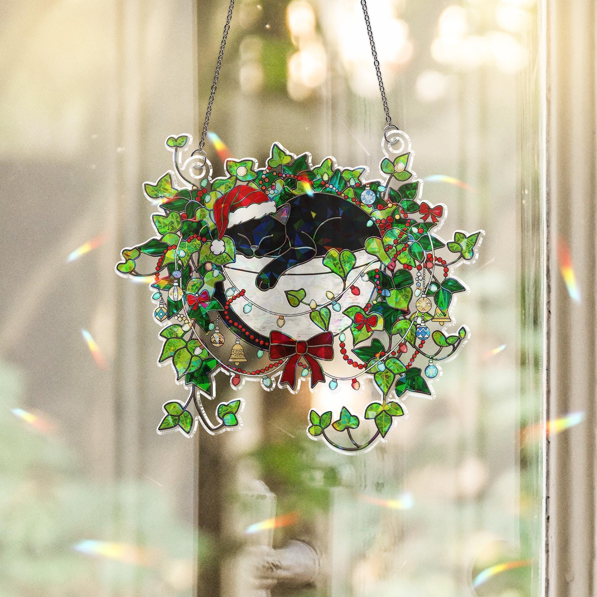 Holographic Black Cat Christmas Window Hanging – Holiday Suncatcher Decor