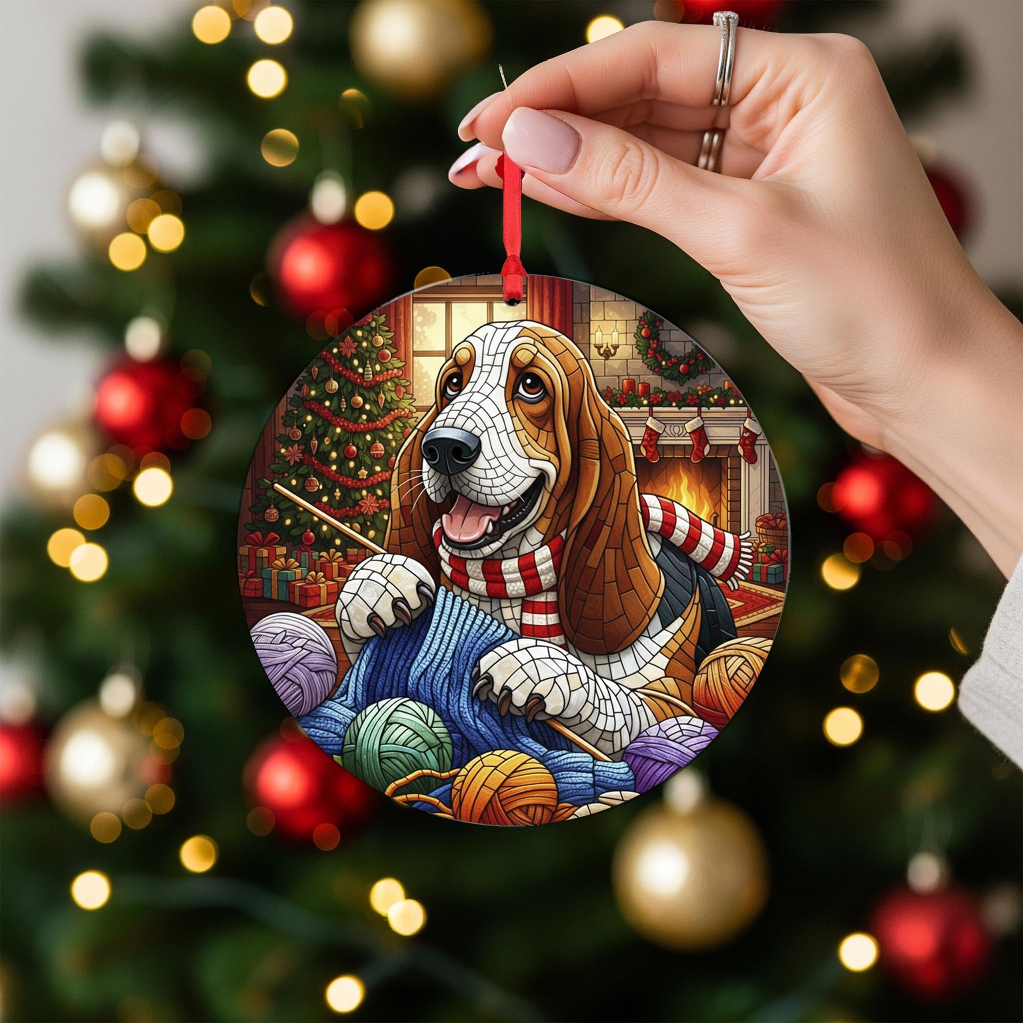 Basset Hound Christmas Ornament, Dog Knitting Holiday Decor, Pet Ornament, Cozy Fireplace Tree Decoration