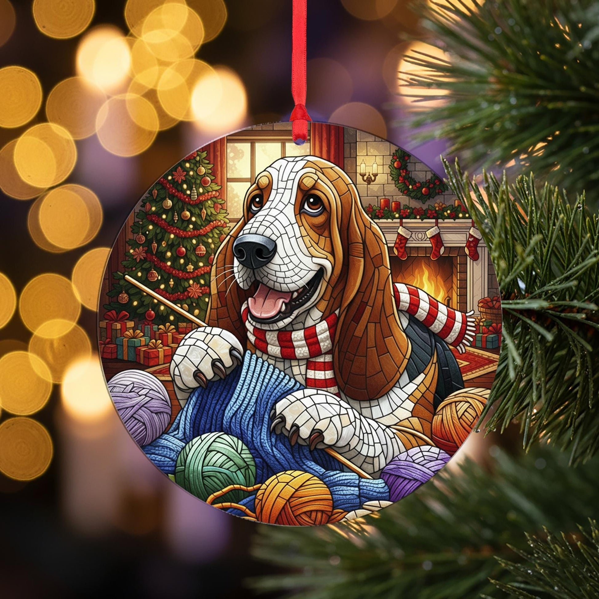 Basset Hound Christmas Ornament, Dog Knitting Holiday Decor, Pet Ornament, Cozy Fireplace Tree Decoration