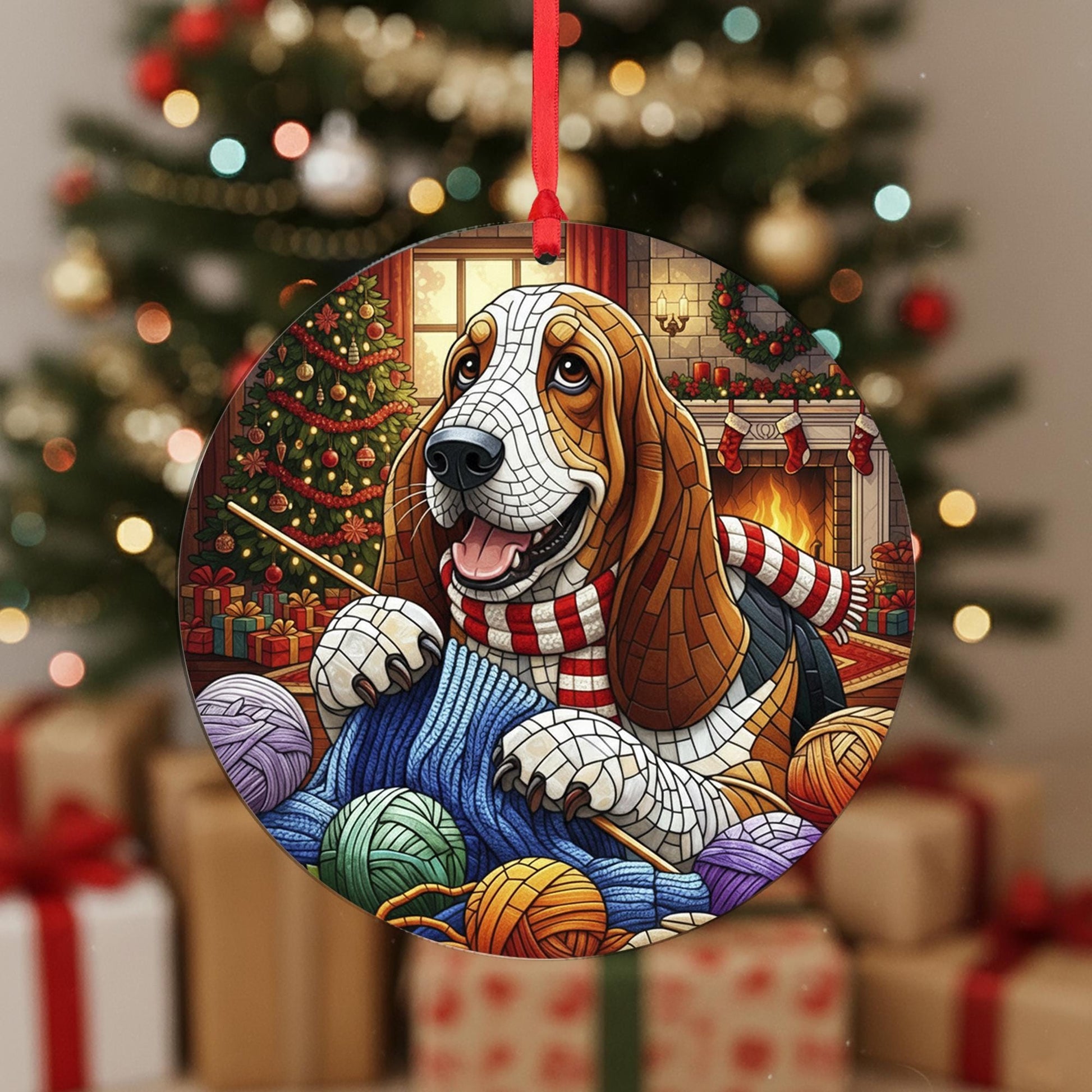 Basset Hound Christmas Ornament, Dog Knitting Holiday Decor, Pet Ornament, Cozy Fireplace Tree Decoration