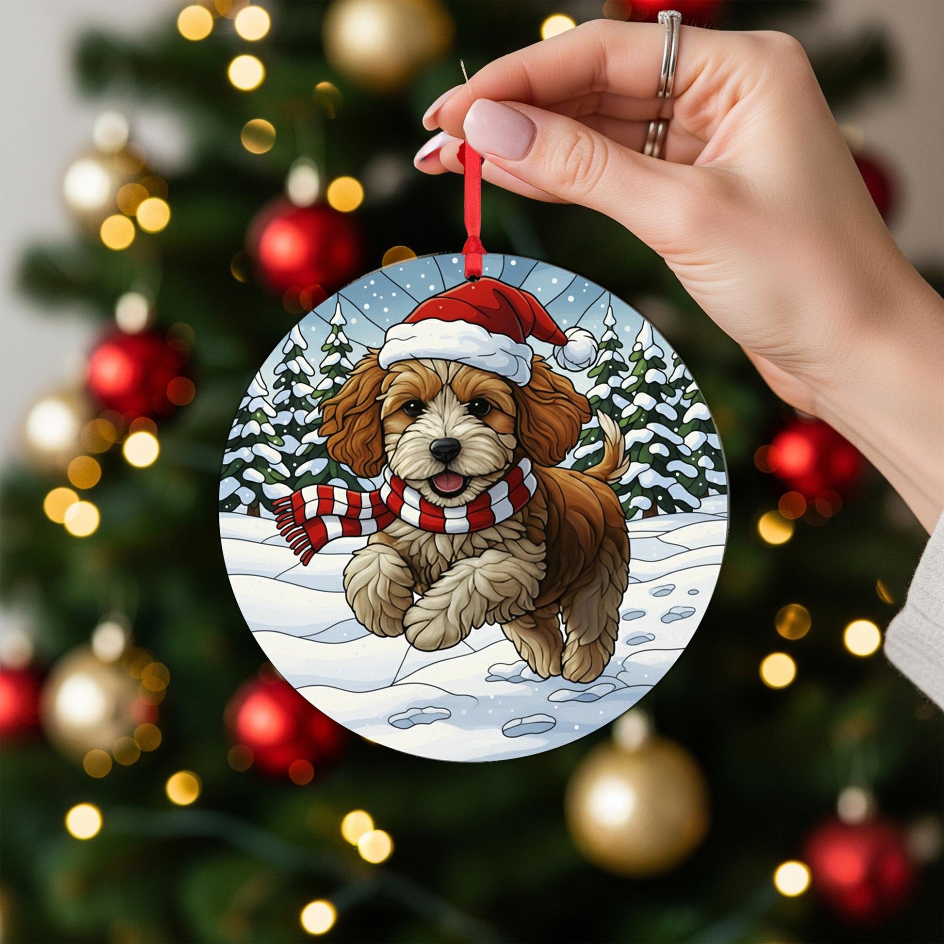 Dog Christmas Ornament – Cavapoo Puppy in Santa Hat and Scarf, Winter Snow Scene Decoration