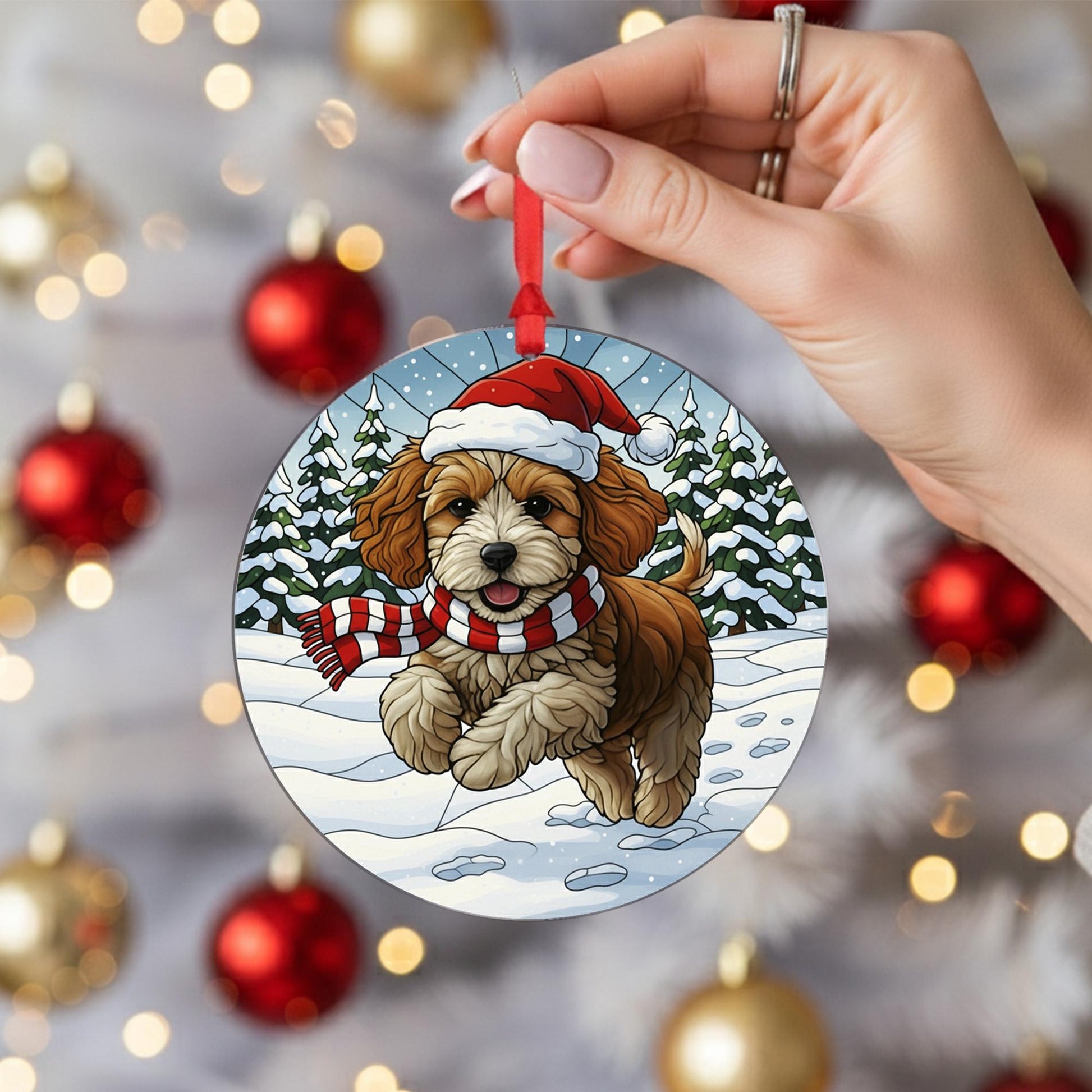 Dog Christmas Ornament – Cavapoo Puppy in Santa Hat and Scarf, Winter Snow Scene Decoration