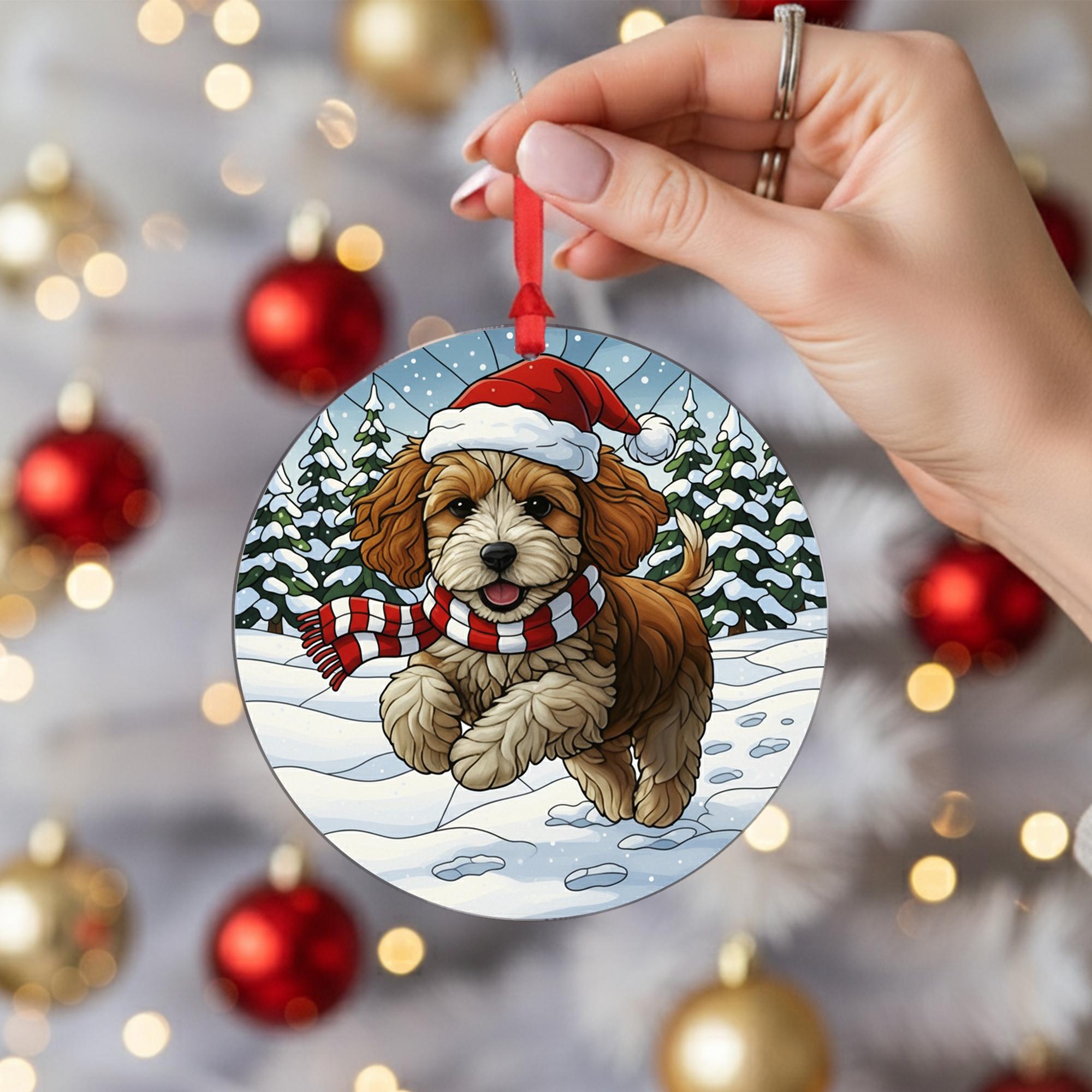 Dog Christmas Ornament – Cavapoo Puppy in Santa Hat and Scarf, Winter Snow Scene Decoration