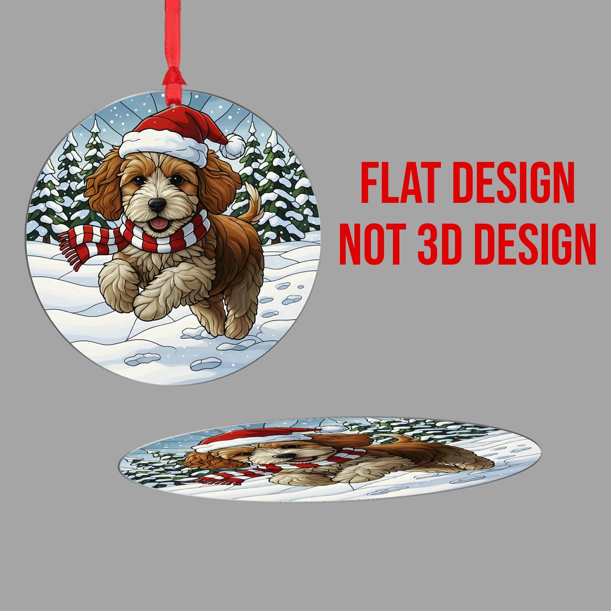 Dog Christmas Ornament – Cavapoo Puppy in Santa Hat and Scarf, Winter Snow Scene Decoration