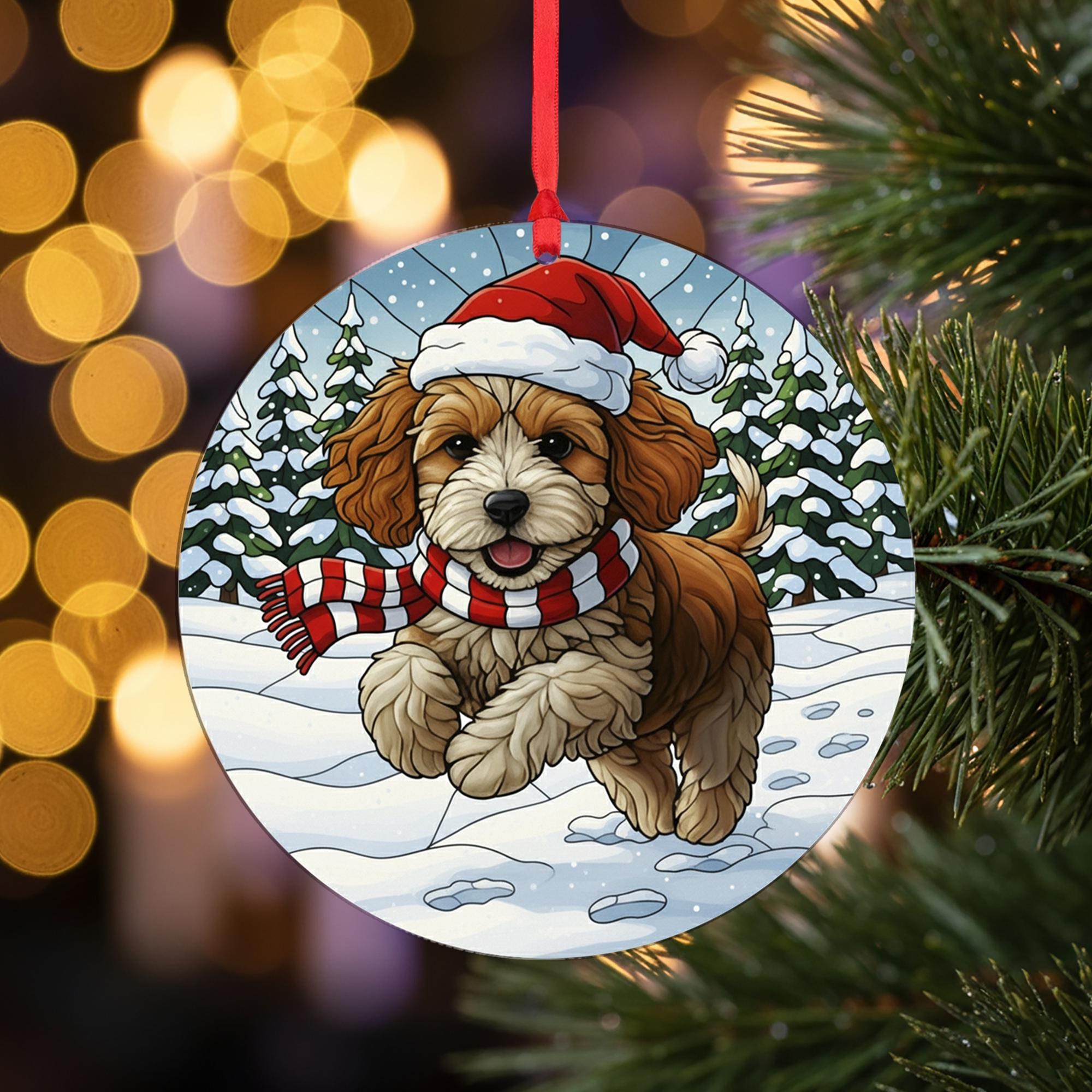 Dog Christmas Ornament – Cavapoo Puppy in Santa Hat and Scarf, Winter Snow Scene Decoration