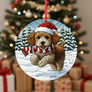 Dog Christmas Ornament – Cavapoo Puppy in Santa Hat and Scarf, Winter Snow Scene Decoration