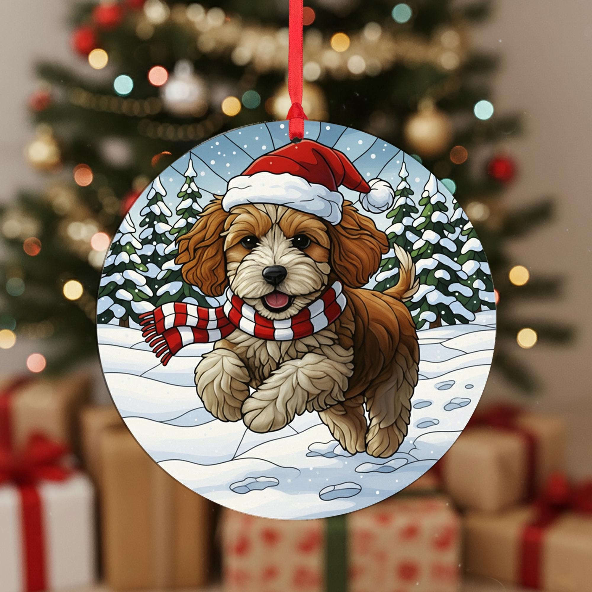 Dog Christmas Ornament – Cavapoo Puppy in Santa Hat and Scarf, Winter Snow Scene Decoration