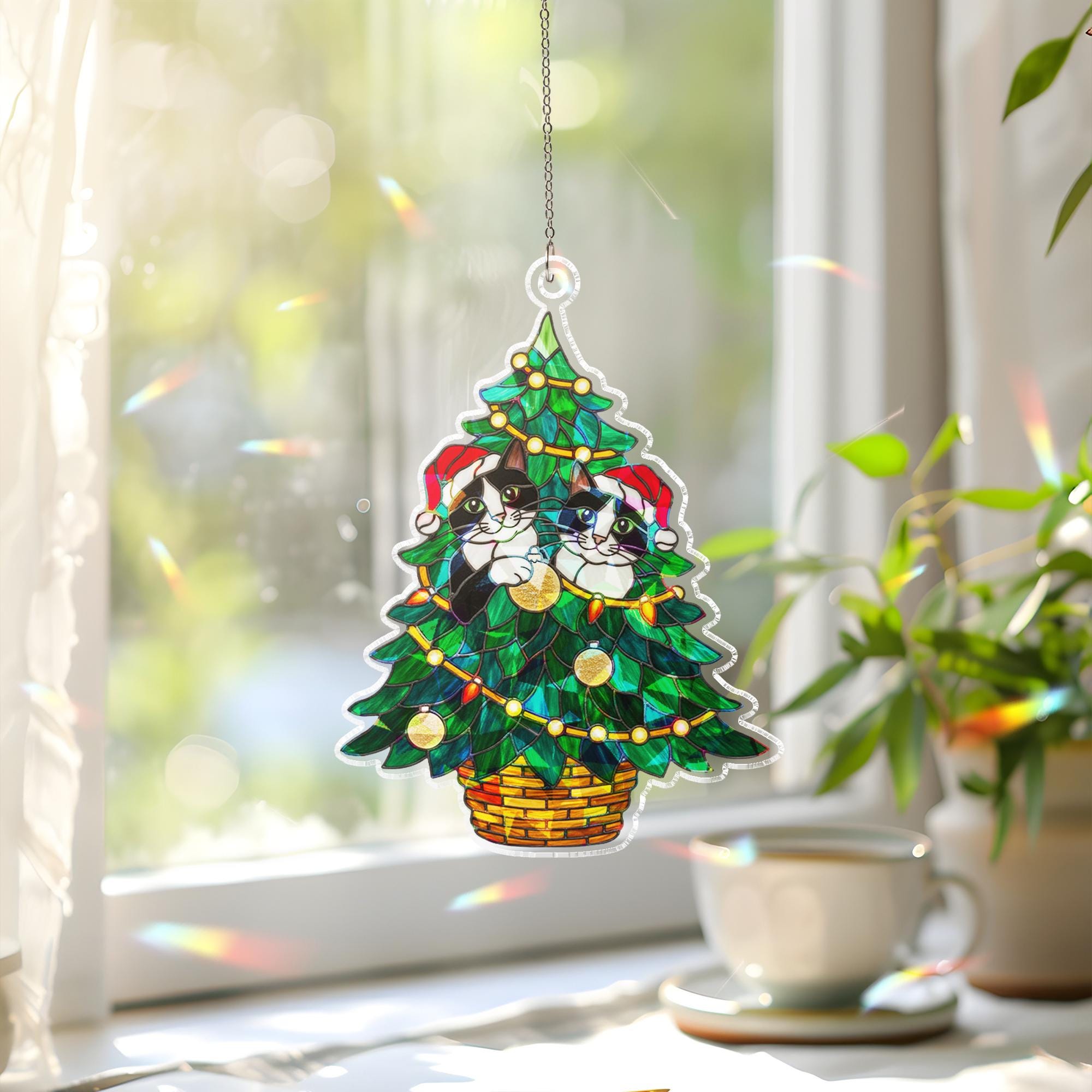 Tuxedo Cat Christmas Tree Window Hanging – Holiday Suncatcher Decor