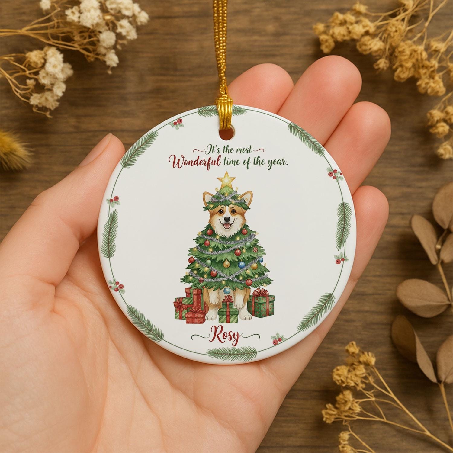 Personalized Dog Christmas Ornament, Ceramic Pet Decoration, Custom Name Holiday Keepsake