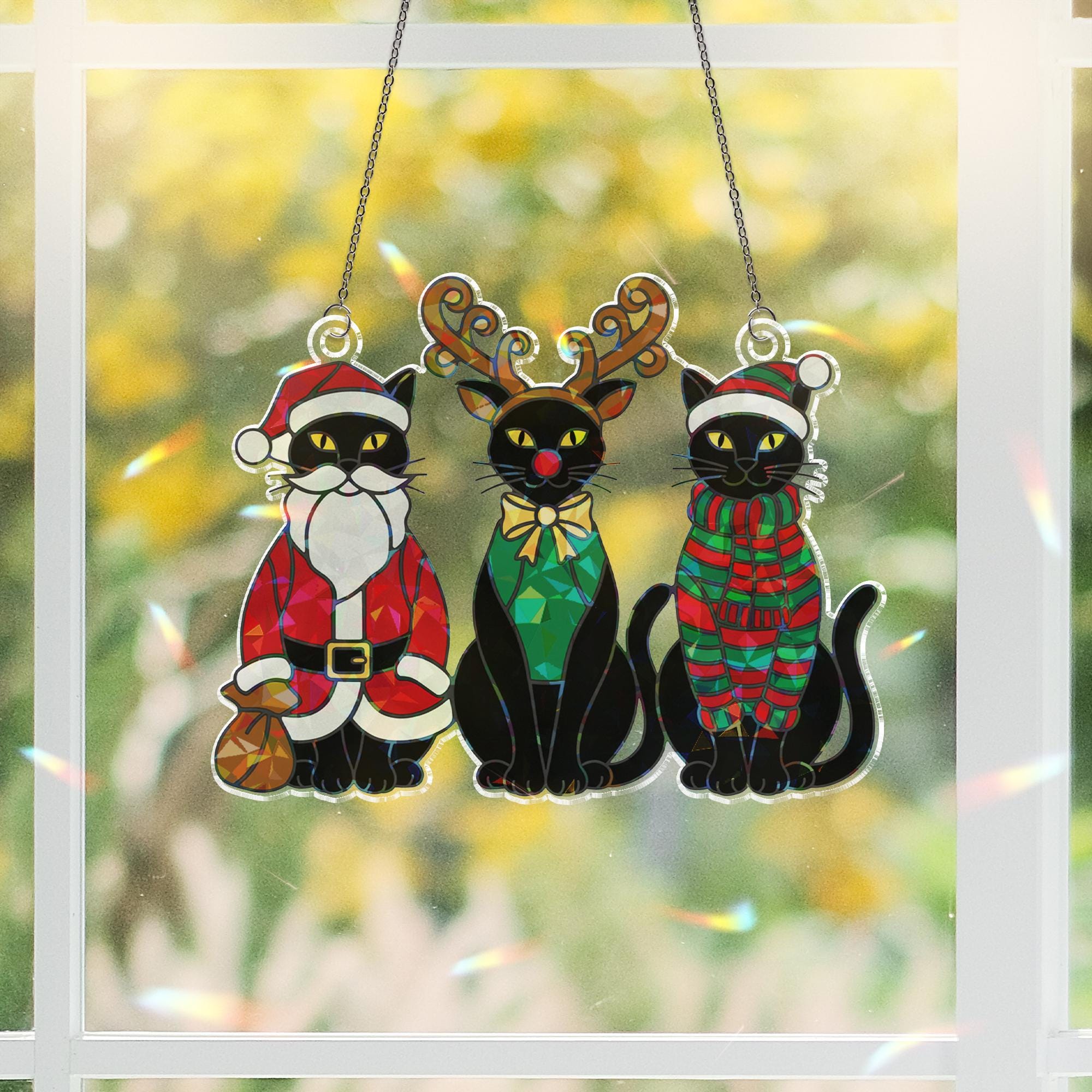 Holographic Christmas Black Cats Window Hanging – Holiday Suncatcher Decor