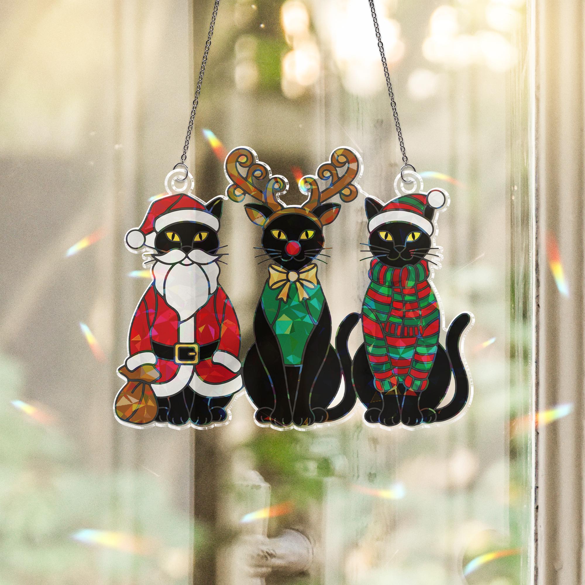 Holographic Christmas Black Cats Window Hanging – Holiday Suncatcher Decor