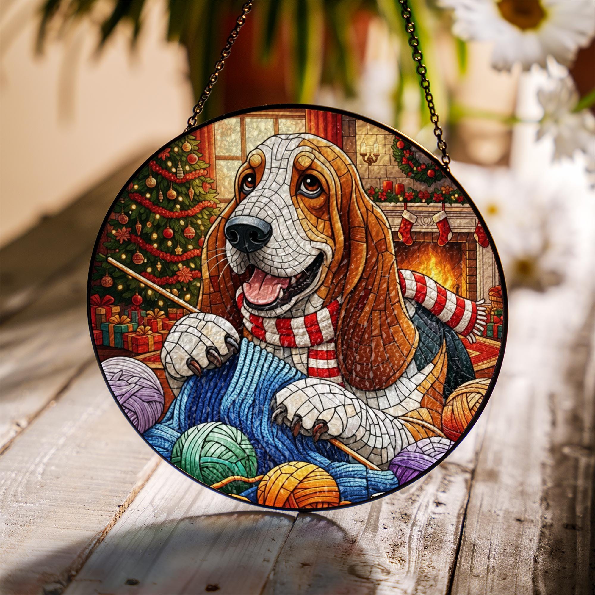 Stained Glass Dog Suncatcher, Basset Hound Window Hanging, Christmas Yarn Knitting Decor