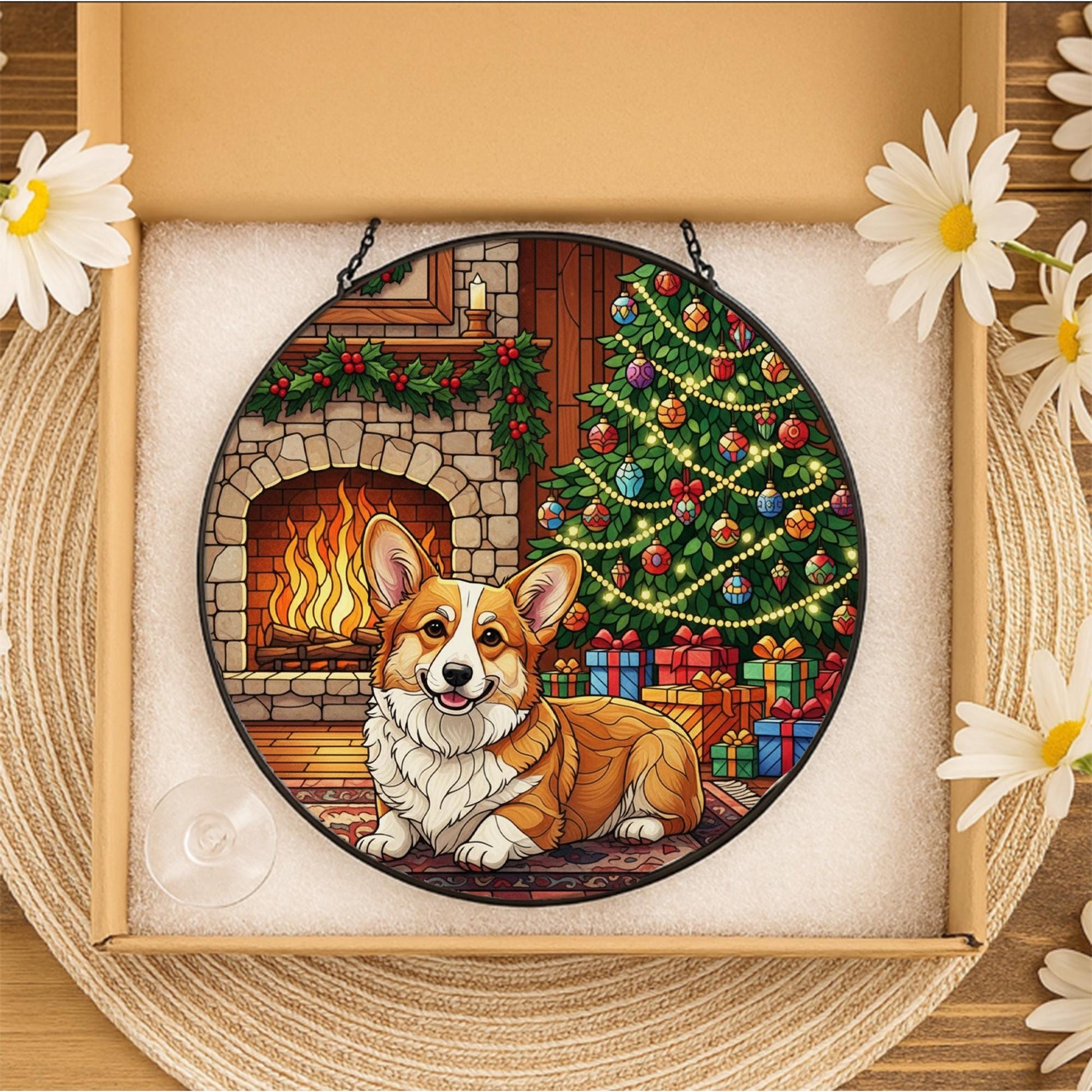 Stained Glass Suncatcher Corgi Dog by Fireplace with Christmas Tree Holiday Ornament