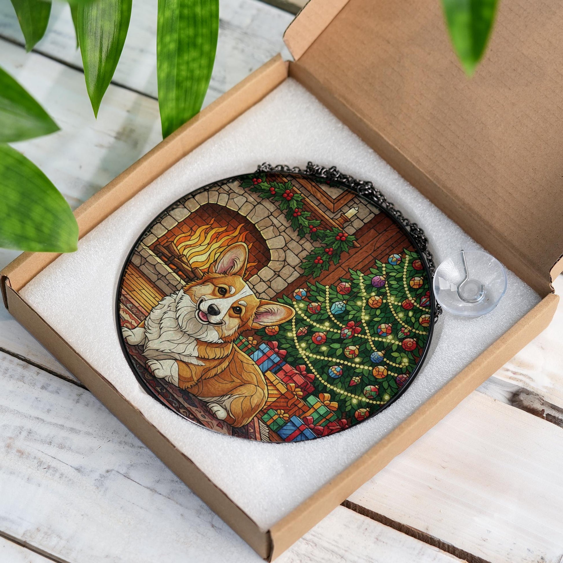 Stained Glass Suncatcher Corgi Dog by Fireplace with Christmas Tree Holiday Ornament