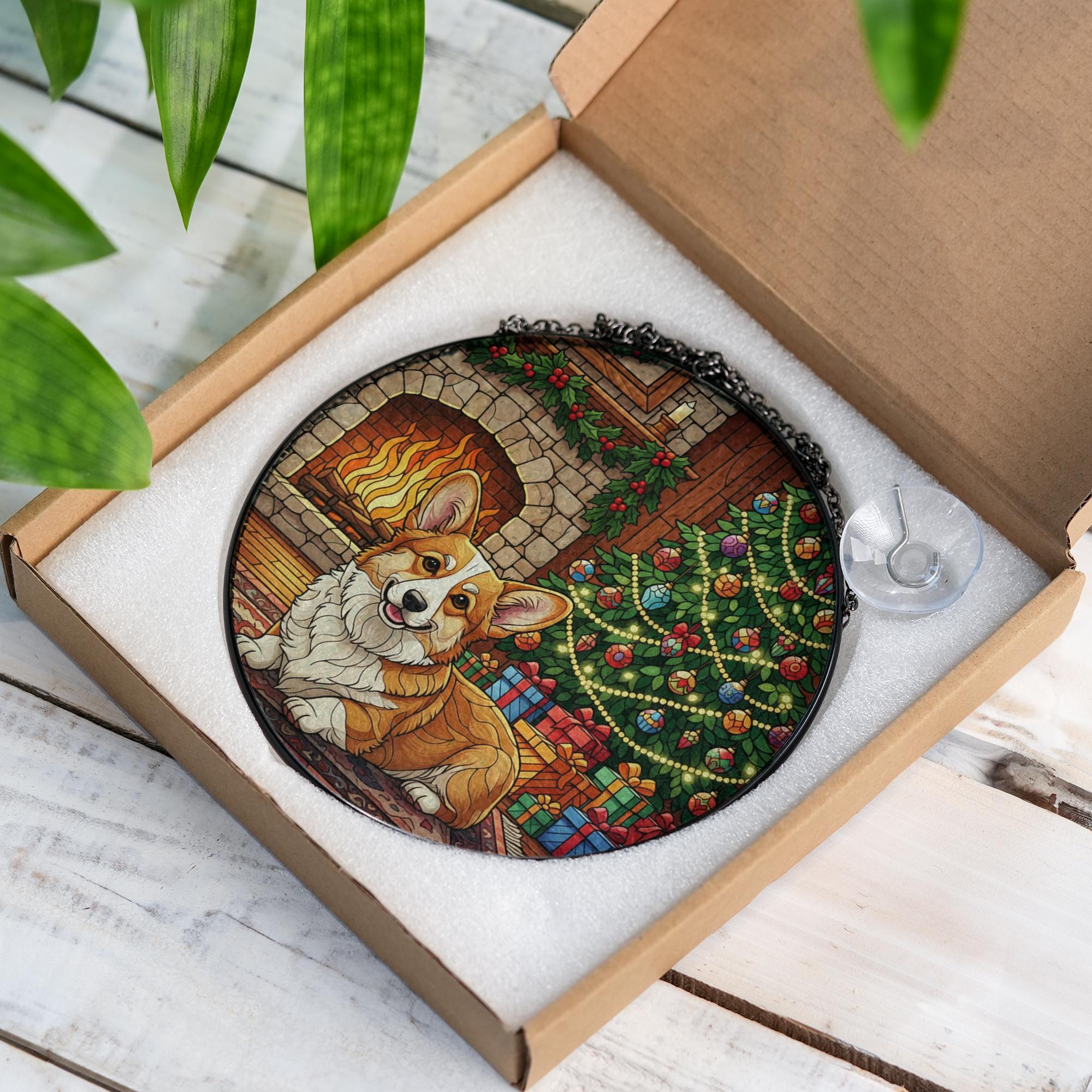 Stained Glass Suncatcher Corgi Dog by Fireplace with Christmas Tree Holiday Ornament