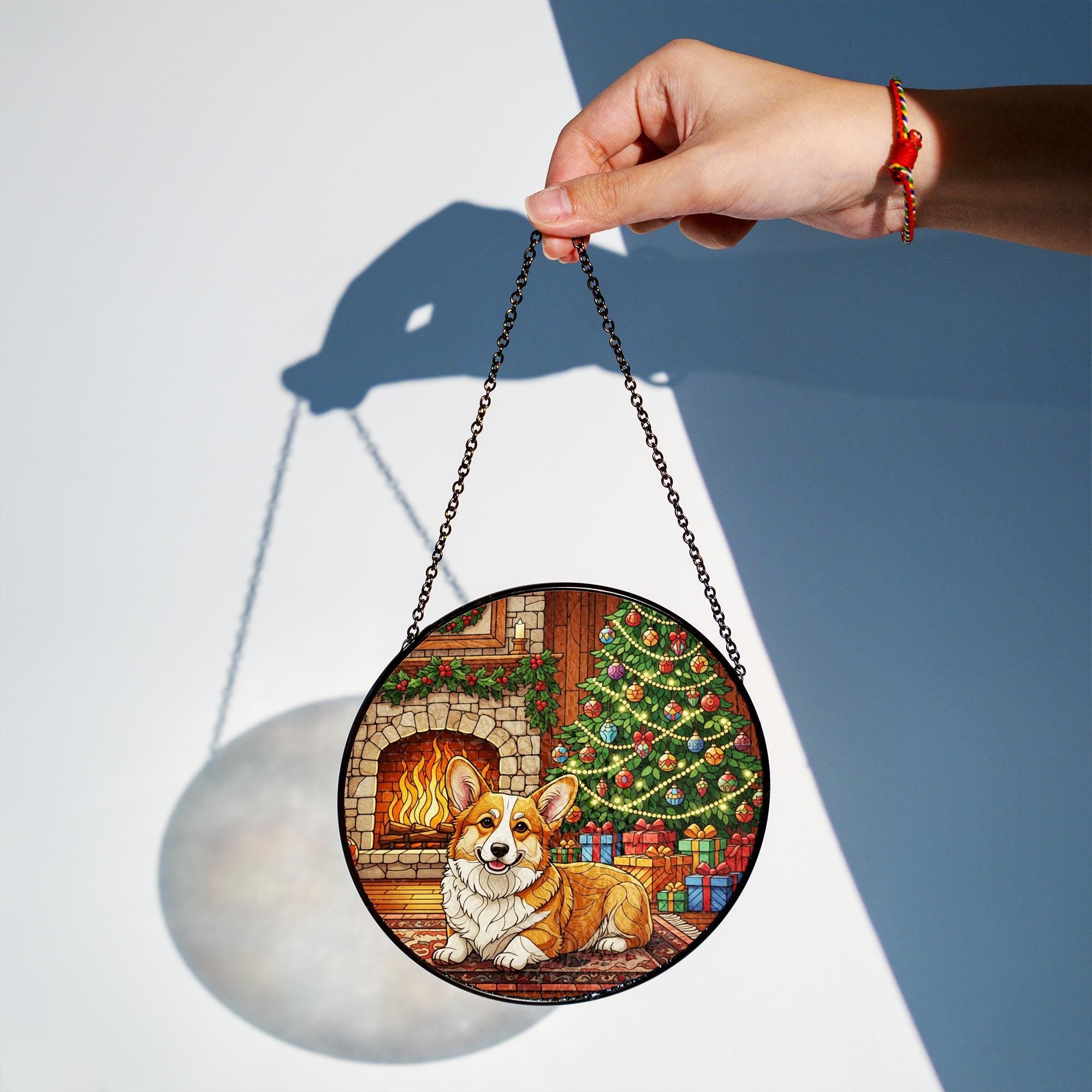 Stained Glass Suncatcher Corgi Dog by Fireplace with Christmas Tree Holiday Ornament
