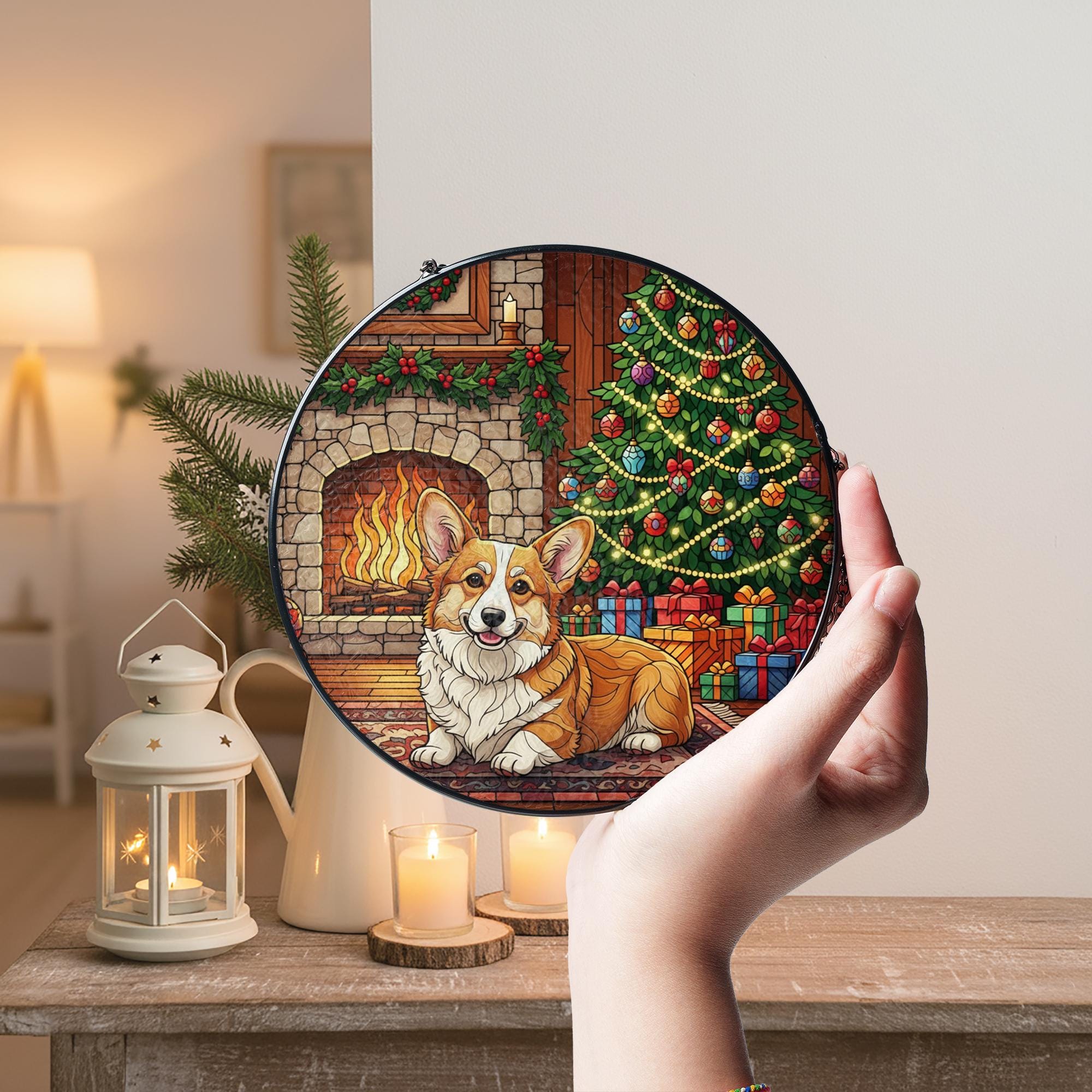 Stained Glass Suncatcher Corgi Dog by Fireplace with Christmas Tree Holiday Ornament
