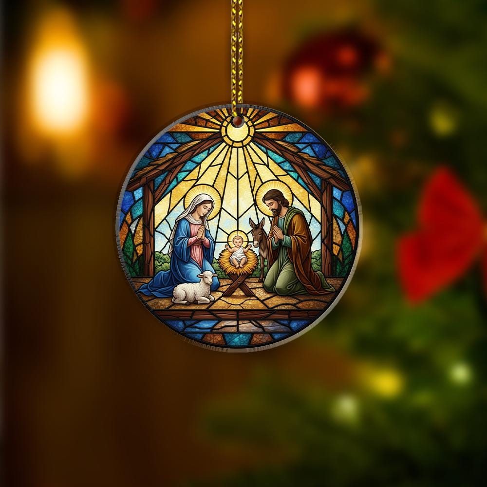 Nativity Scene Faux Stained Glass Ornament, Christmas Tree Decoration, Religious Holiday Decor