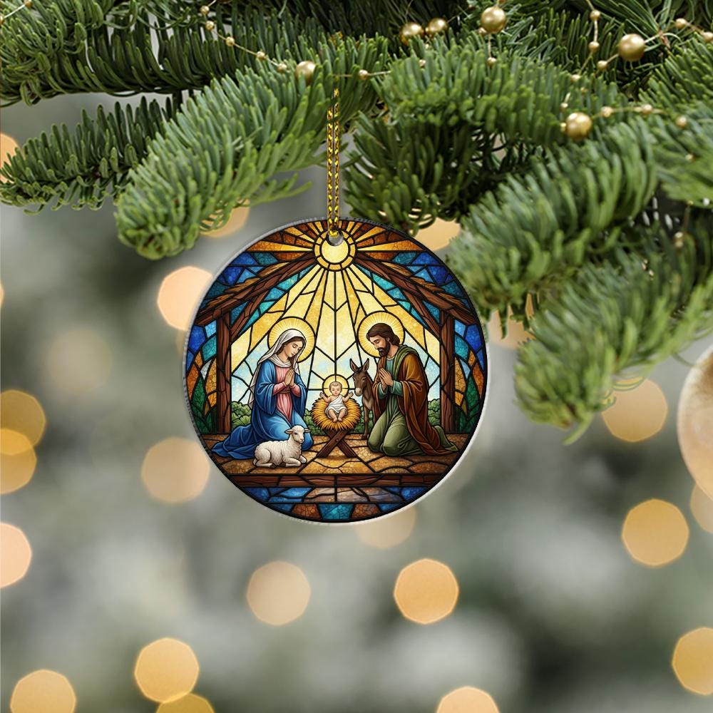 Nativity Scene Faux Stained Glass Ornament, Christmas Tree Decoration, Religious Holiday Decor