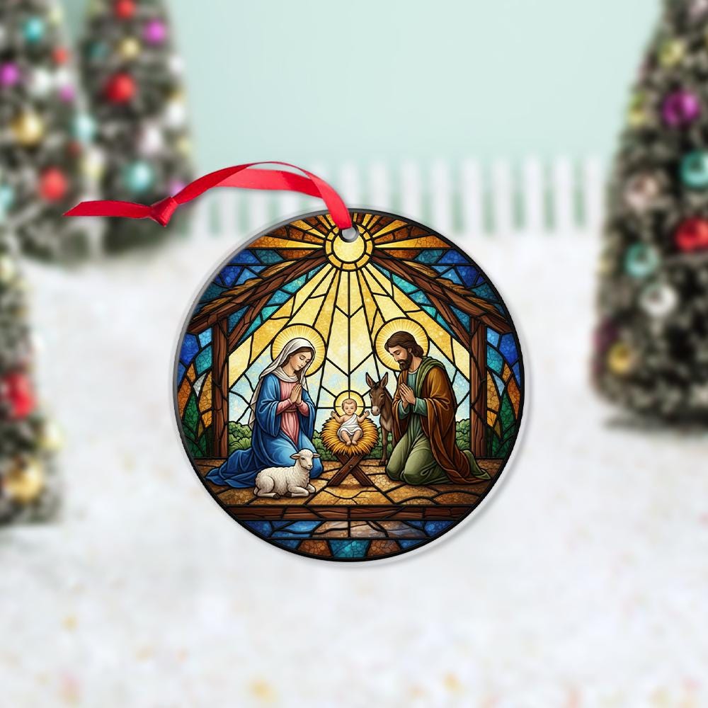 Nativity Scene Faux Stained Glass Ornament, Christmas Tree Decoration, Religious Holiday Decor