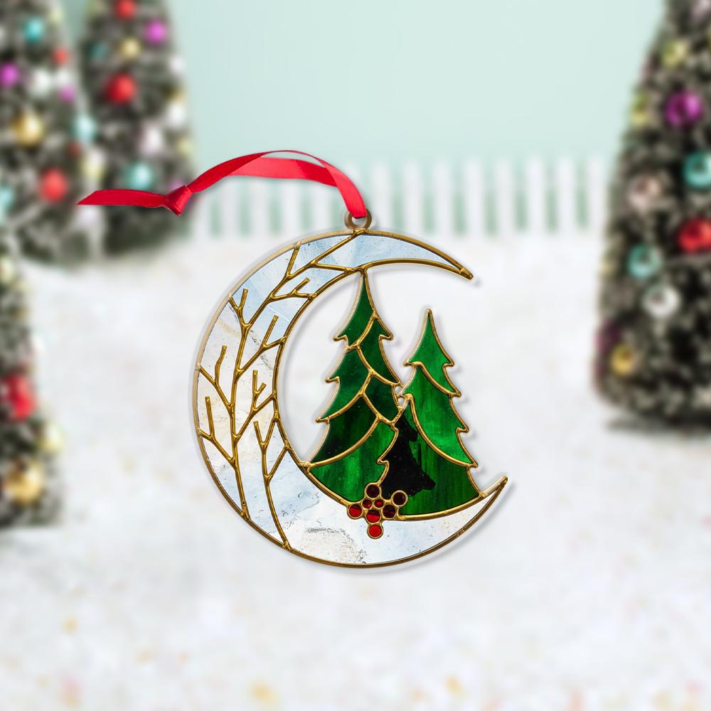 Faux Stained Glass Moon Tree Ornament, Christmas Tree Decoration, Winter Holiday Decor