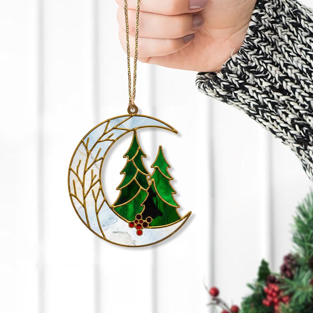 Faux Stained Glass Moon Tree Ornament, Christmas Tree Decoration, Winter Holiday Decor