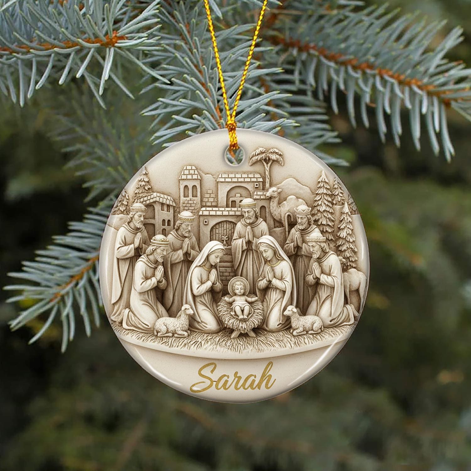 Personalized Nativity Scene Ornament, Custom Holy Family with Shepherds, Christmas Tree Decoration