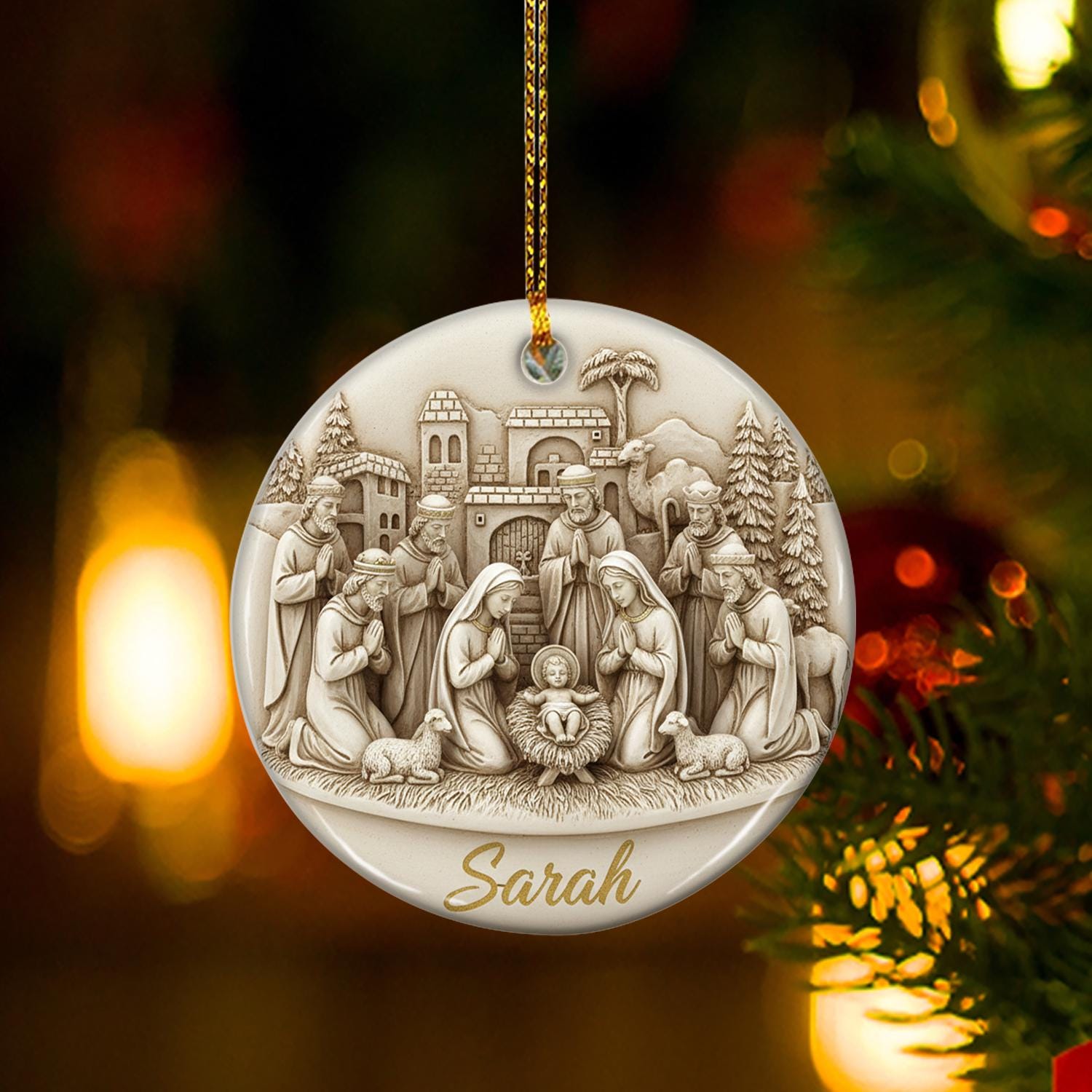 Personalized Nativity Scene Ornament, Custom Holy Family with Shepherds, Christmas Tree Decoration