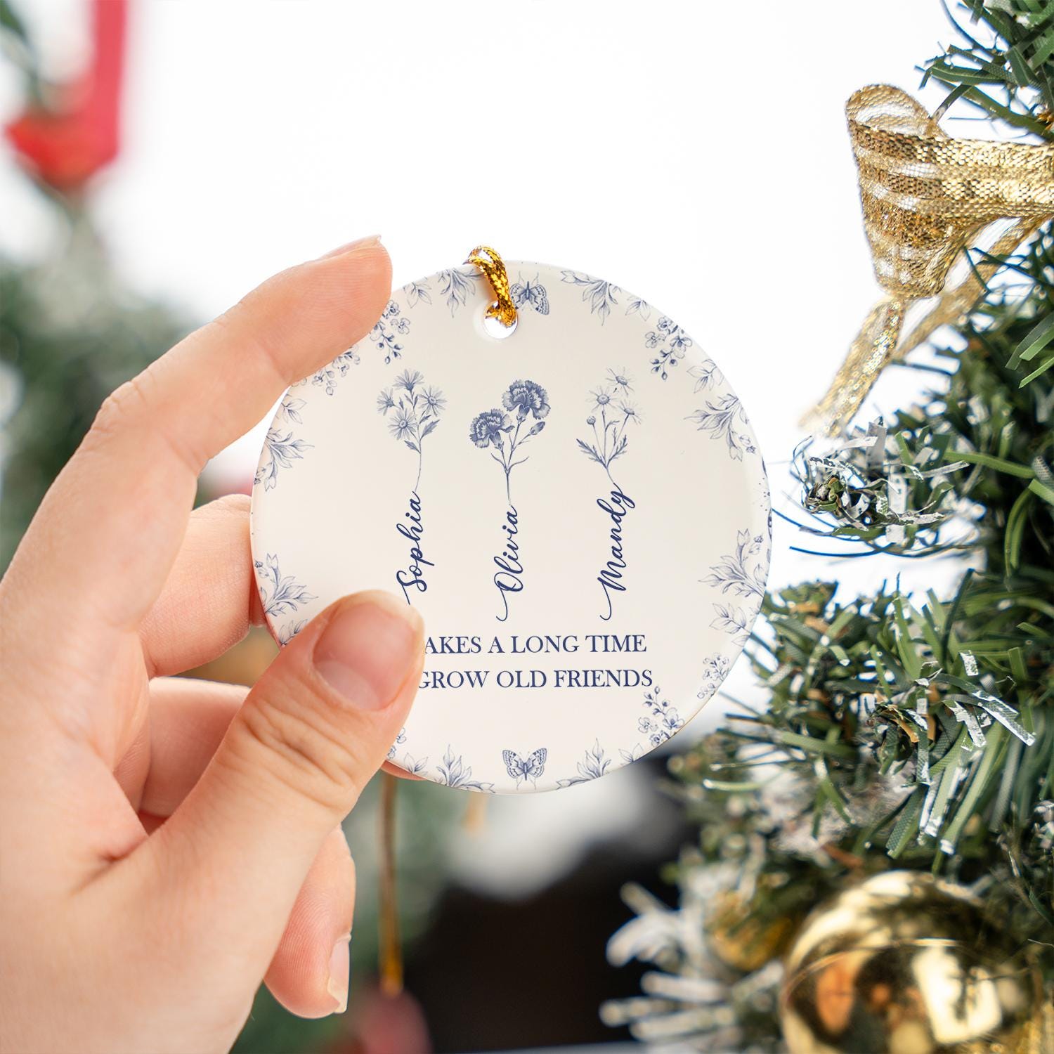 Friendship Gift Ornament – Personalized Ceramic with Floral Design