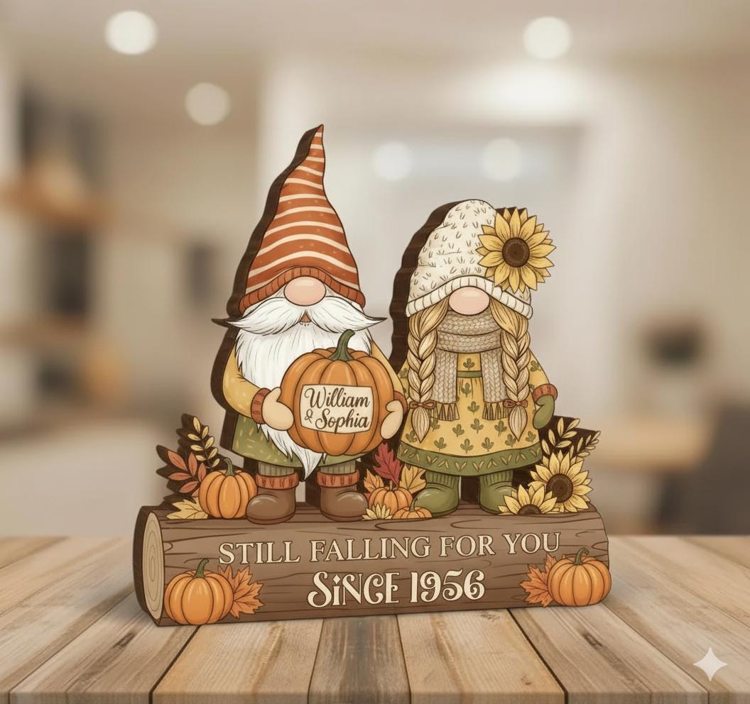 Personalized Fall Gnome Wooden Block – Custom Anniversary Decor Gift