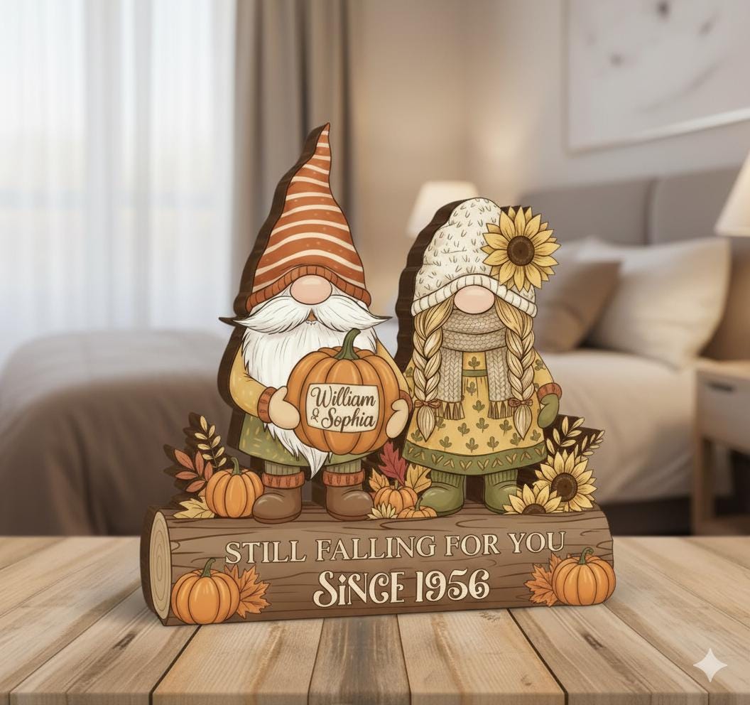 Personalized Fall Gnome Wooden Block – Custom Anniversary Decor Gift