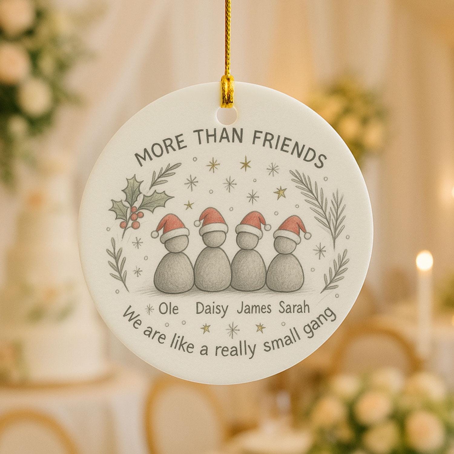 Group Friends Ceramic Ornament • Custom Names • Round Tree Decor • Hand-Drawn Characters • Personalized Keepsake