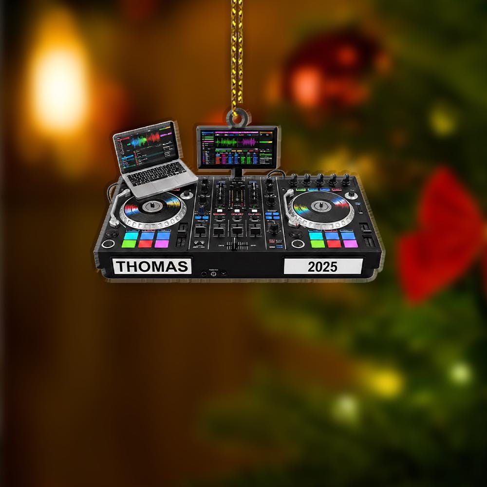 Personalized DJ Mixer Ornament – Custom Name and Year Christmas Decoration with Laptop and Turntables