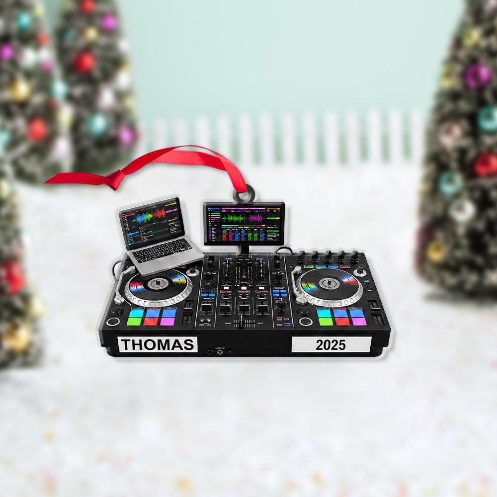 Personalized DJ Mixer Ornament – Custom Name and Year Christmas Decoration with Laptop and Turntables
