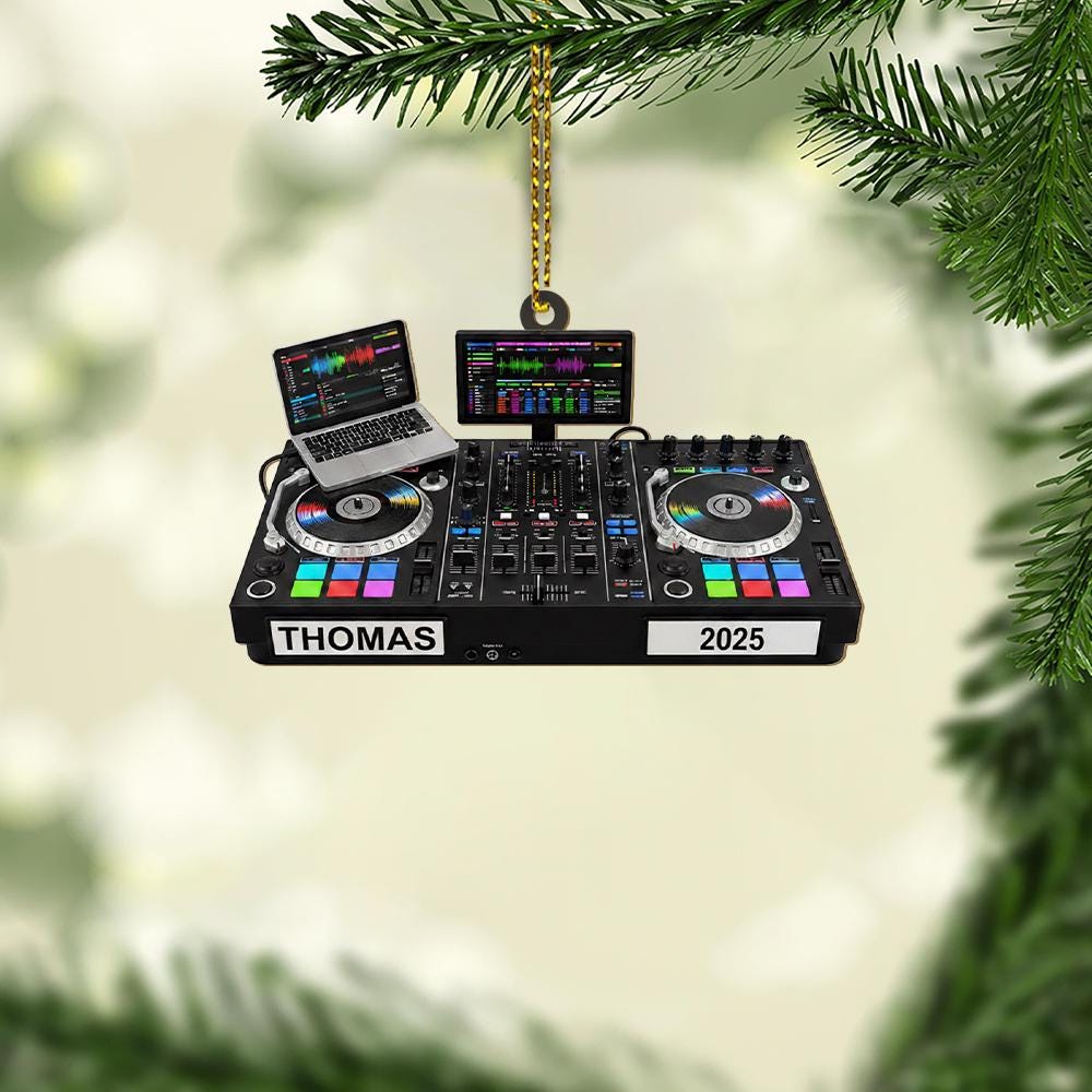 Personalized DJ Mixer Ornament – Custom Name and Year Christmas Decoration with Laptop and Turntables
