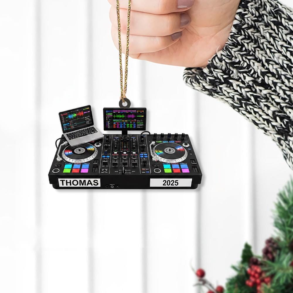 Personalized DJ Mixer Ornament – Custom Name and Year Christmas Decoration with Laptop and Turntables