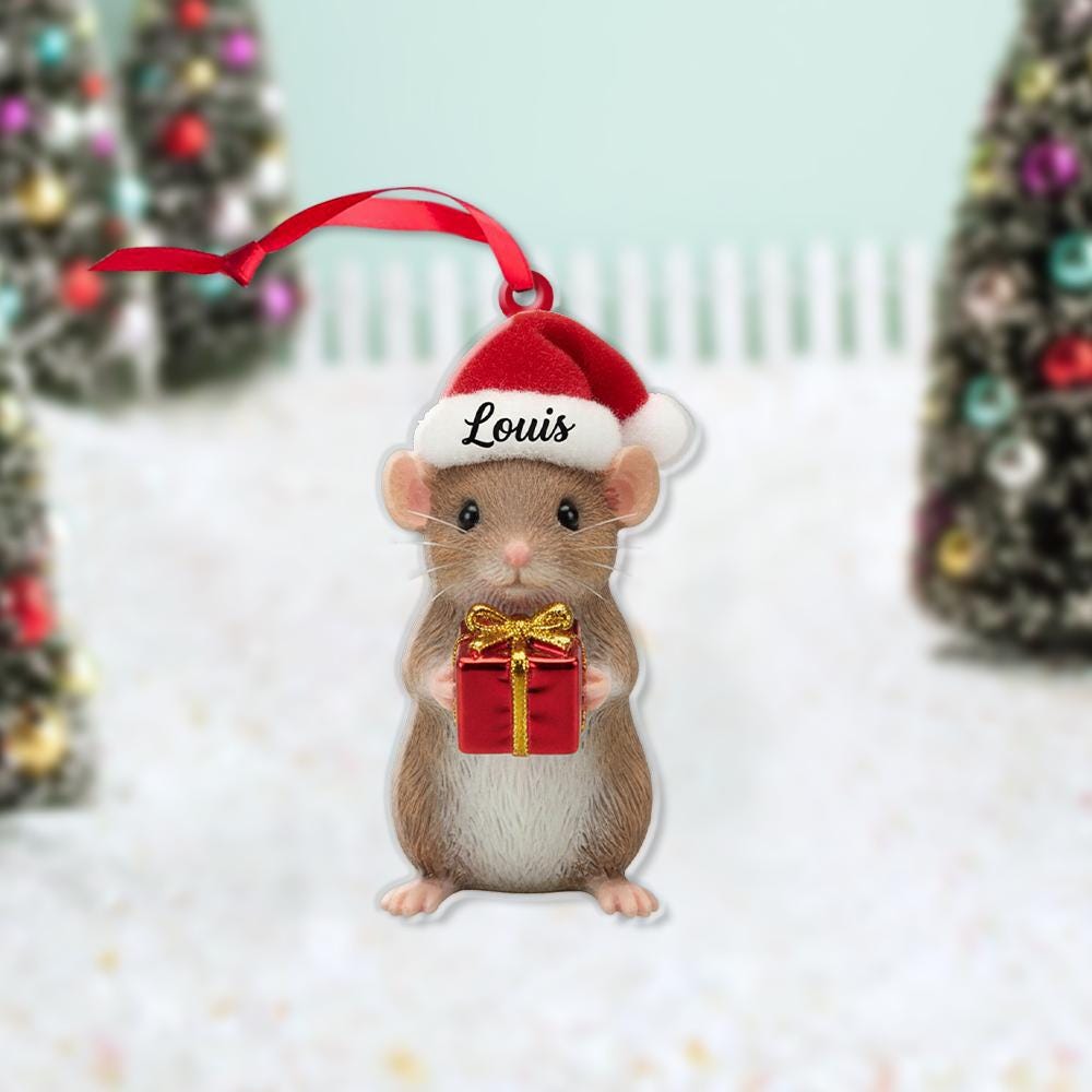 Personalized Mouse Ornament – Custom Name Christmas Decoration with Santa Hat and Gift Box